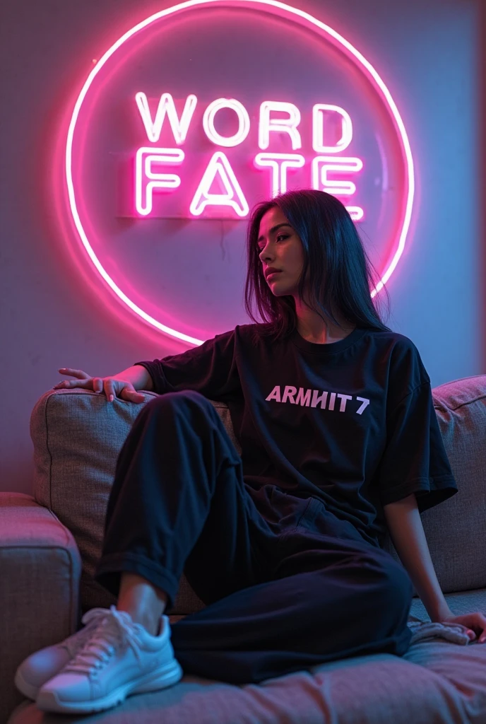 ((letters ("STBAEL")) on tshirt), a girl sitting long hair, cyberpunk room