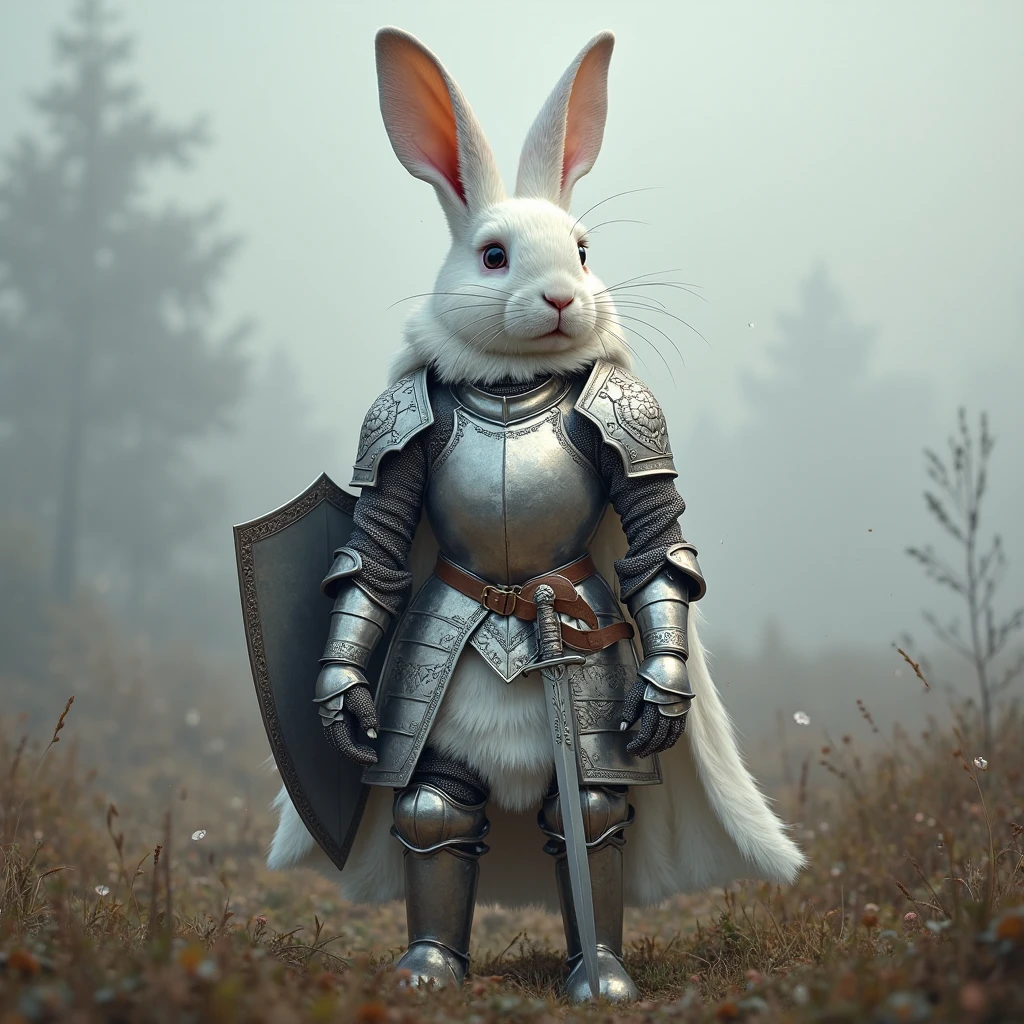 White rabbit knight in shining silver armor standing proudly - SeaArt AI
