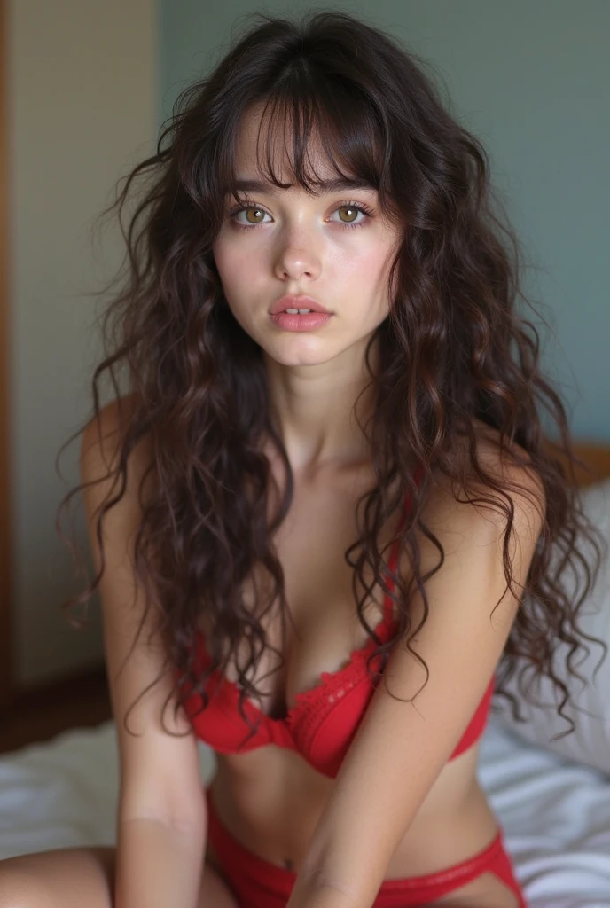 [white-skinned woman:1.2, long curly hair:1.2, elegant red dress, deep neckline, snub-nosed, bright brown eyes], awesome naked breasts, VSCO filter: C8), 