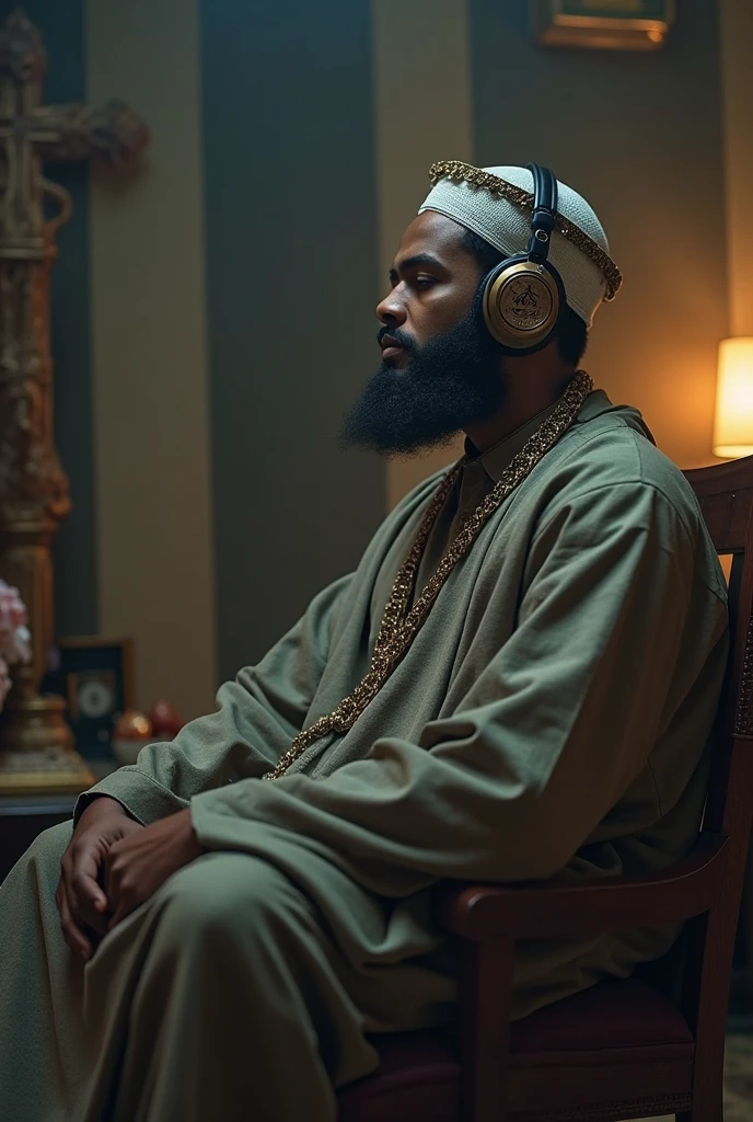 Muslim rapper listens to rap with headphones - SeaArt AI