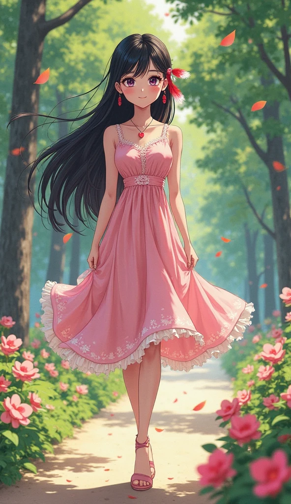 cear plastic anime, huge boobs, walking in pleasant street, wearing deep neck pink dress, black long hair, pink environment