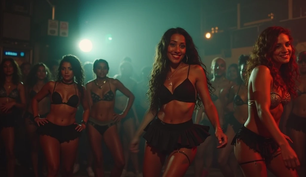 dancers in a dance studio with a woman in a bikini, sweaty 4 k, thicc, bottom angle, very sweaty, extreme wide shot, slam dancing, mid body shot, full scene shot, multiple views, giant stunning goddess shot, very wide shot, largest haunches ever, performing on stage, no words 4 k, extreme pose, wide shot!!!!!!, high kick