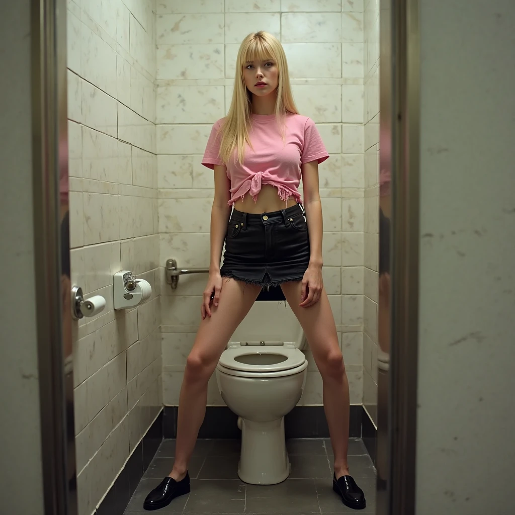 (A teen girl is urgently peeing on a urinal) (Realistic) (peeing in the men’s restroom) sitting on the urinal peeing