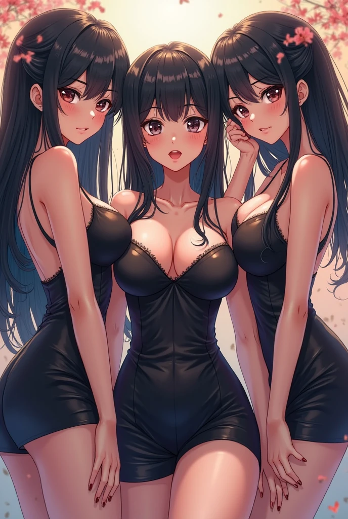 2 beautiful girls standing next to eachother, the have long black hair , one of them has emerald eyes, the other has crimson eyes, they are wearing blacl sleeveless dresses that reveal their breasts