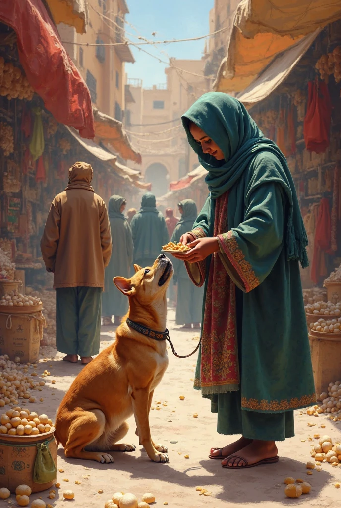 
a woman wearing a white headscarf and dress looks at a thirsty dog ​​in 3D, fully realistic
