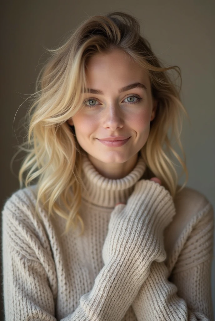 photo of a skinny blonde teen  wife messy long hair thrown into a messy bun ponytail. She wears: (turtleneck high ribbed bright tight sweater:1.1),   pose, high tight ribbed neck,  smile, perfect fake , turtleneck top, wet clothes