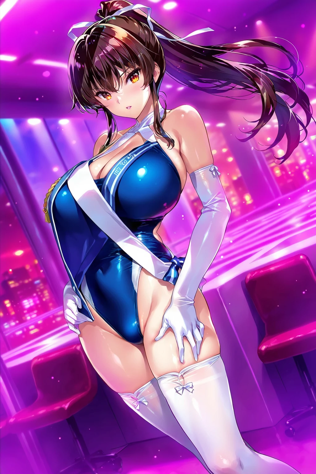 1girl, solo, Nicki Nichole, as a doll-like dancer figure, transformed into a wax doll, artificial white wax skin, skin made of wax, shiny wax skin, lifeless doll-like eyes, ahegao, pole dance, pole-dancing gestures, appealing expression, display, like an attraction feature, nightclub, stuff arround.