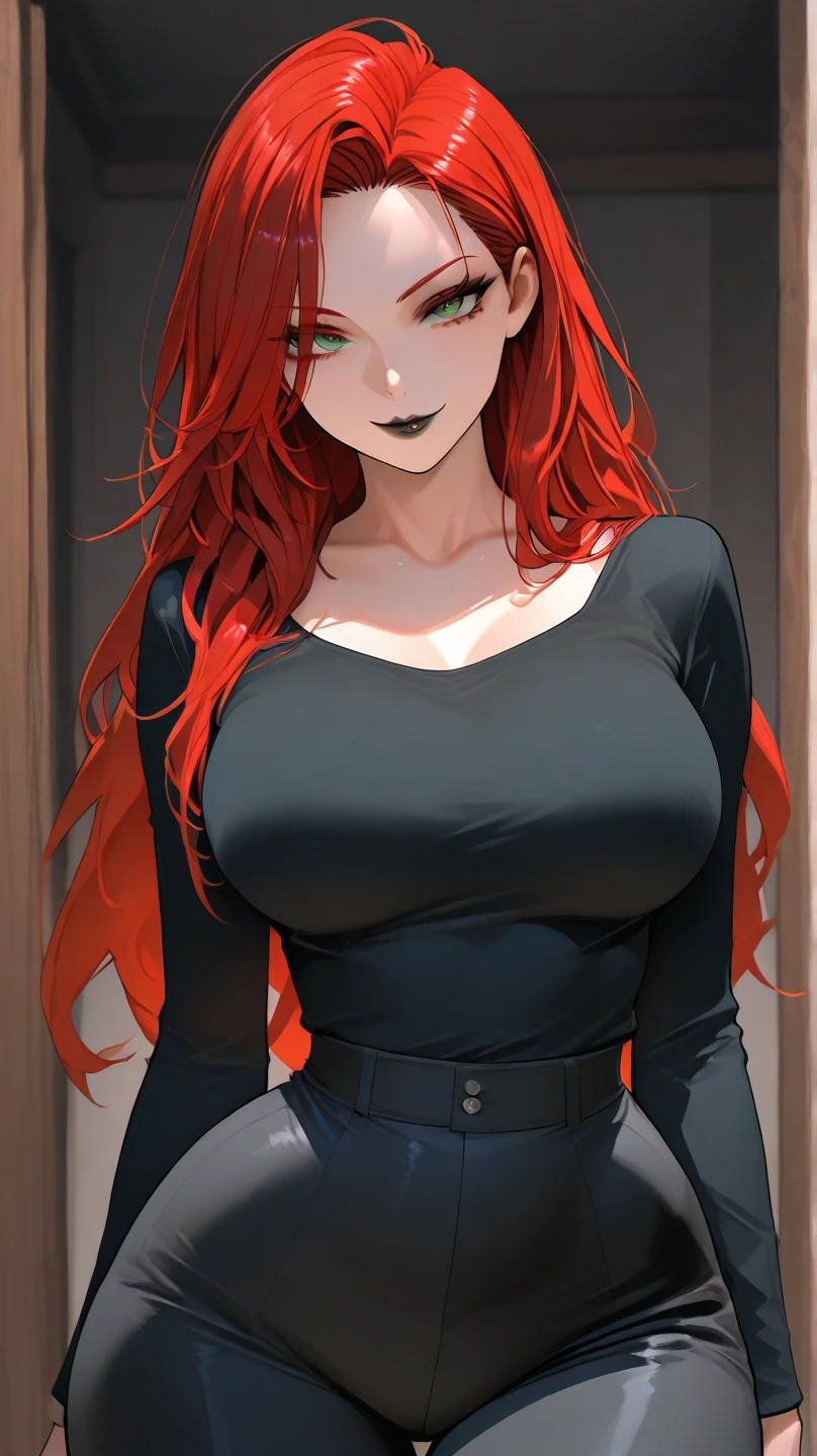 Woman punk long red hair green eyes big breast zombie