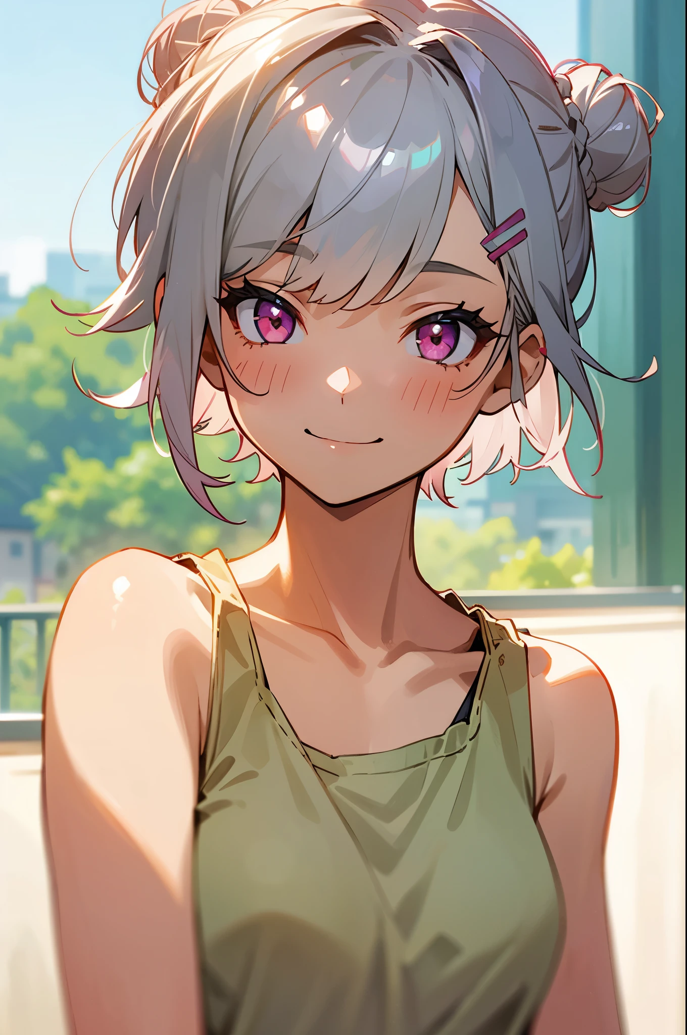 １girl、Short silver bob hair tied in a bun with a hair clip, Pink Eyes、smile、really like、Khaki tank top、Upper body close-up、Morning Cafe Terrace、Background blur, Written boundary depth