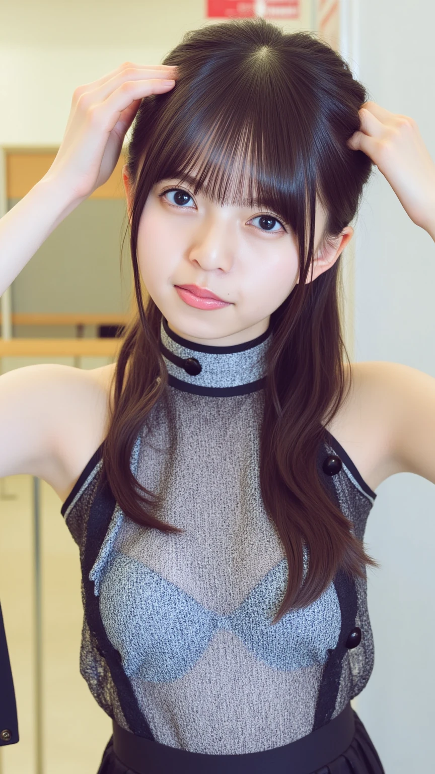 8k, High resolution, Very detailed, masterpiece, highest quality,(10歳のIdol:1.5)、Facial expressions like in the photo、日本peopleの女の子1people、 (Super shiny black latex nurse uniform:1.3), 、The arms are bare skin、Accurate finger drawing、Super tight thin black latex nurse uniform、A normal 10 year old girl、(Photographed in the operating room:1.4)、Perfectly bright lighting、Super tight black nurse uniform、Short ponytail hairstyle、Hair color is black、Beautiful black hair、10 year old girl、Full Body Shot、rounded jaw contour,,,、(Cute face without makeup:1.3)、people々Make you smile、(Very short skirt:1.3)、Super tight silhouette、Idol、Nurse uniforms are monochromatic。、Small breasts、Small Bust