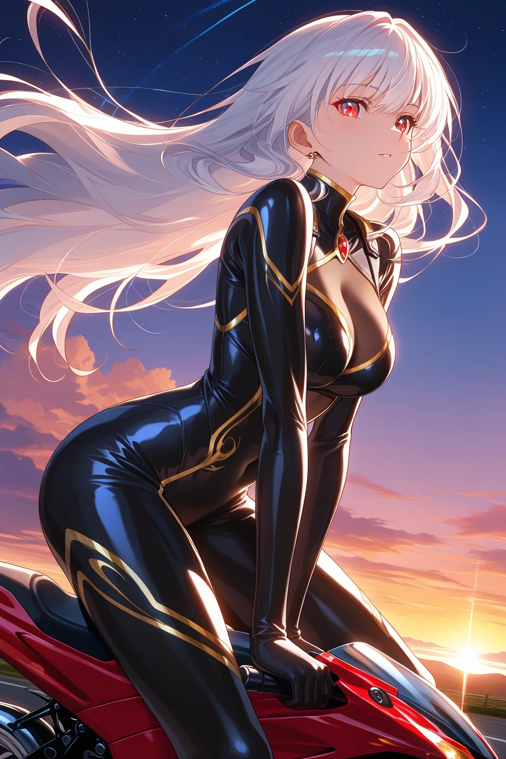 one-girl，Alone，natta，superhero bodysuit，hooded，Black leather pants highlight your figure，ssmile，duck sitting