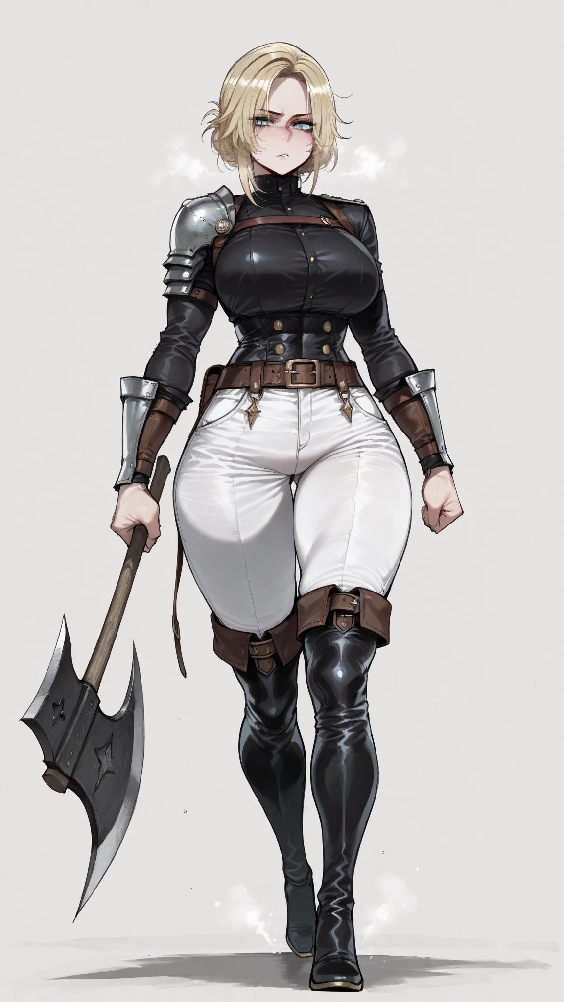 (Shark), anthro, (wearing tube top), (wearing armor leggings), high detail, high resolution, raw photo, gray background, 1girl, solo, big breasts, high quality, hi res, sharp, detailed body, detailed, cartoony, ((looking at viewer)), angry, mad, chubby, muffin top, whole body, ((full body portrait)), far away, (((full body concept))), attack pose, battle pose, sword pose, ((holding sword)), Medieval, rpg