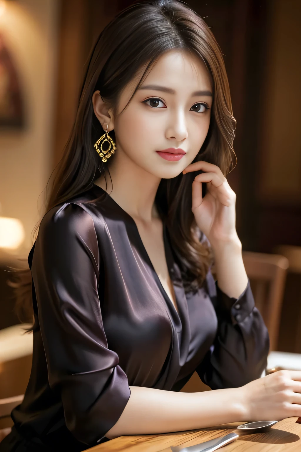 highest quality, masterpiece, 8K, ultra high resolution, (realistic: 1.4), 1 girl, beautiful face, symmetrical eyes, big, perfect body proportions, ((long hair))、((brown hair)), secretary、(luxury business suits)、The viewer's gaze, (president'office、blurred background), Front view, Absolute area (1.3),friendly smile、seems kind、cowboy shot,((shy smile:1.3)),((gold necklace＿Large earrings:1.2)),((Long straight hair_Hair reaching down to the waist:1.3))((abstract printed dresses_long sleeve＿wrap dress:1.3))、((From an oblique angle above:1.5)),