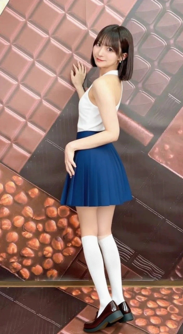 In detail,Full body photo、Blonde、 One high school girl、High resolution, high quality、Slim body、Perfect dynamic composition, Beautiful fine details, Short Hair、Natural color lip,Kamimei、14-year-old girl、Clear Skin、Navy blue sailor suit with short sleeves、Green mini skirt、Thighs、Shiny Hair、最high quality, figure, Very detailed, In detail, High resolution, 8k、The correct state of the human body、Sculpture model pose,Red Wall,Looking at the viewer with his back turned、Thighs are visible、smile、