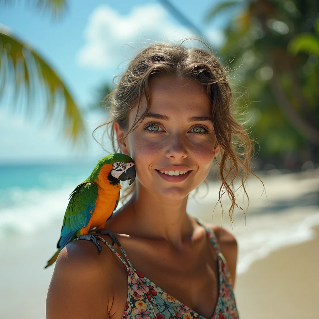 A pretty girl is sitting with a big colorful parrot. There is a sea harbor with sea ships behind her