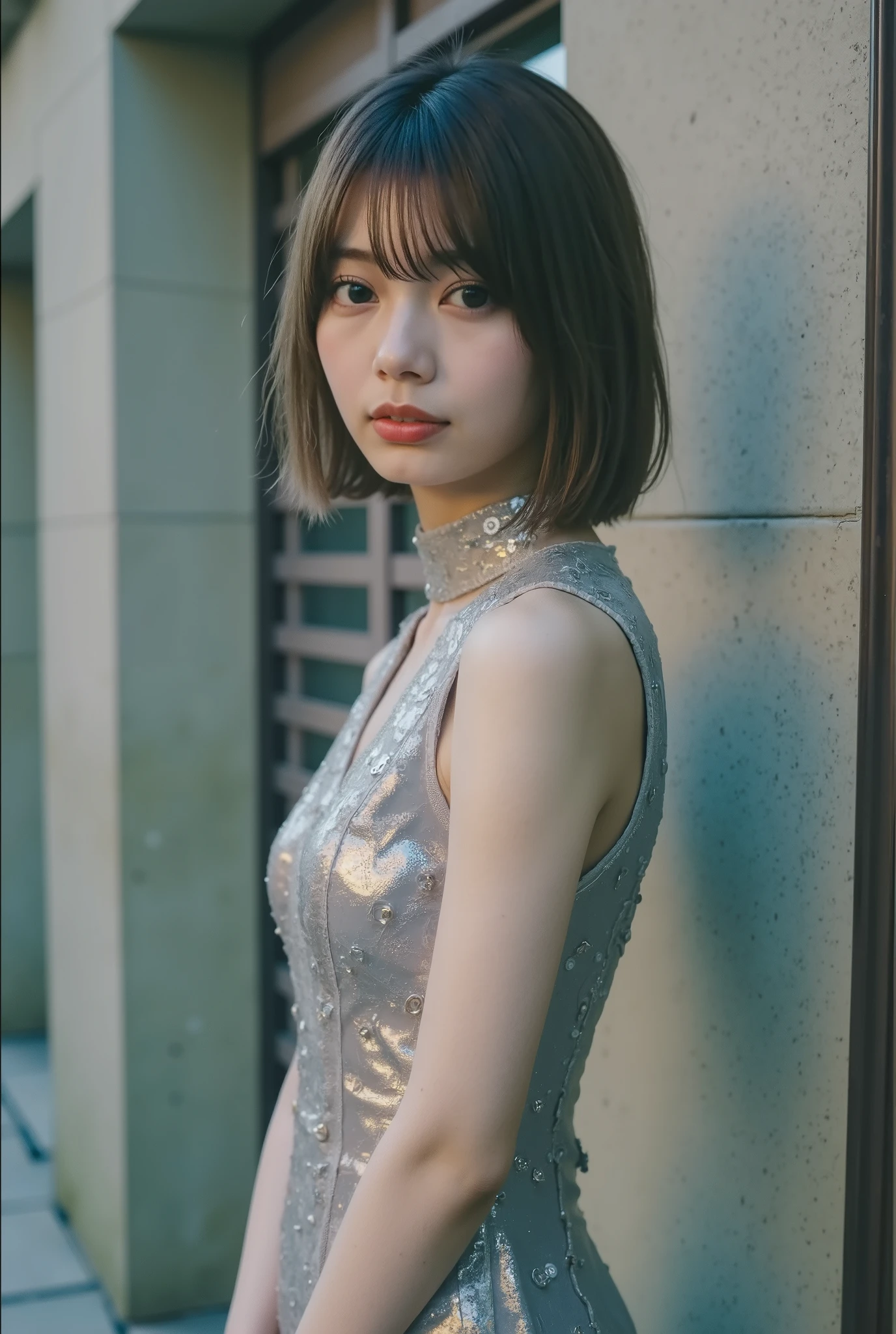 Young Asian woman, 16-20 years old, with short, dark brown hair and a fringe.  Slight, almost neutral expression,  looking directly at camera.  Pale skin, soft features.  Wearing a sleeveless, fitted,  light gray, shimmering sequined dress.  The dress has a high, mandarin-style collar and delicate lace-like embroidery with hints of silver.  The dress material is smooth and has a subtle sheen.  The dress's color is a light, muted gray with hints of silver and light gold sequins.  The woman's pose is slightly angled, leaning against a light gray stone wall.  Outdoor setting, natural light source.  The background wall shows a light gray, concrete or stone surface with subtle vertical lines. Soft, diffused daylight;  the lighting creates gentle highlights on the woman's face and dress.  The composition focuses on the woman with a close-up view that captures her elegant pose and the detail of her dress. The style is contemporary portraiture.  Slight shadows and soft lighting create depth and a serene mood.  Contemporary style, neutral, elegant tone.
