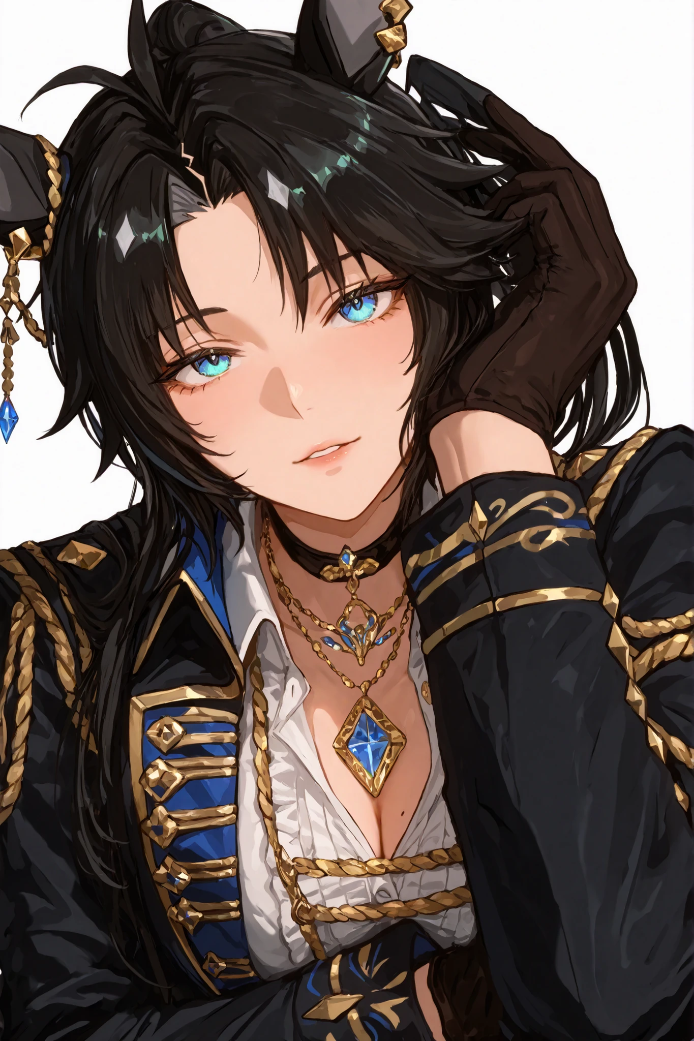 An impressive young Fuji Kiseki , confidently positions herself in a dynamic pose. The figure features animal attributes, like horse ears raised on the top of the head, cauda fluente. Her outfit is a sophisticated mix of formal and theatrical styles: A white background with an elegant frame, coat adorned with gold details and vibrant green details. Below the The jacket is a white button-down blouse they are open in the chest area, that contribute to her aura of sophistication. The character's gloved hand is extended, movement or a gesture that evokes a sense of engagement. Em seus cabelos, Um pequeno, } the decorative accessory on his ear with a blue gem adds a touch of brilliance and refinement. The overall palette is dark and rich, punctuated by animated details that complement the real and fun behavior of the character.