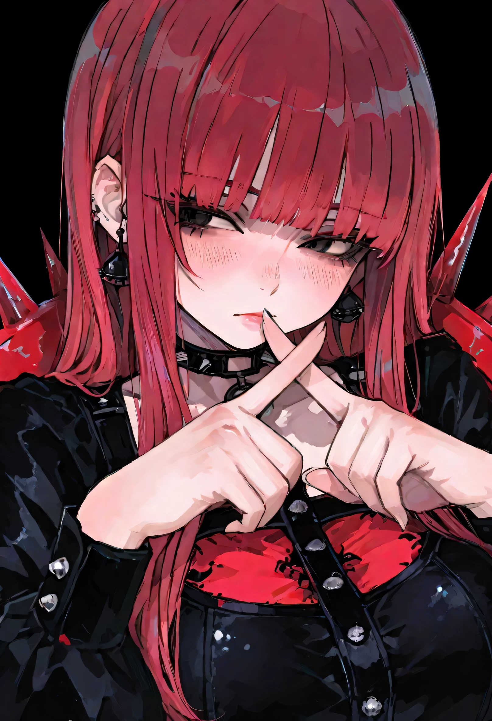 1 girl, (long ruby hair), (total black eyes), Beauty, piercing, female, {sharp eyelashes}, black eyelashes, big, mid large breast, earrings, slightly shiny lips, (blunt bangs), hime cut, punk dress with spikes and red ribows, black background, blushing, looking to the view, choker on the neck, X finger pose