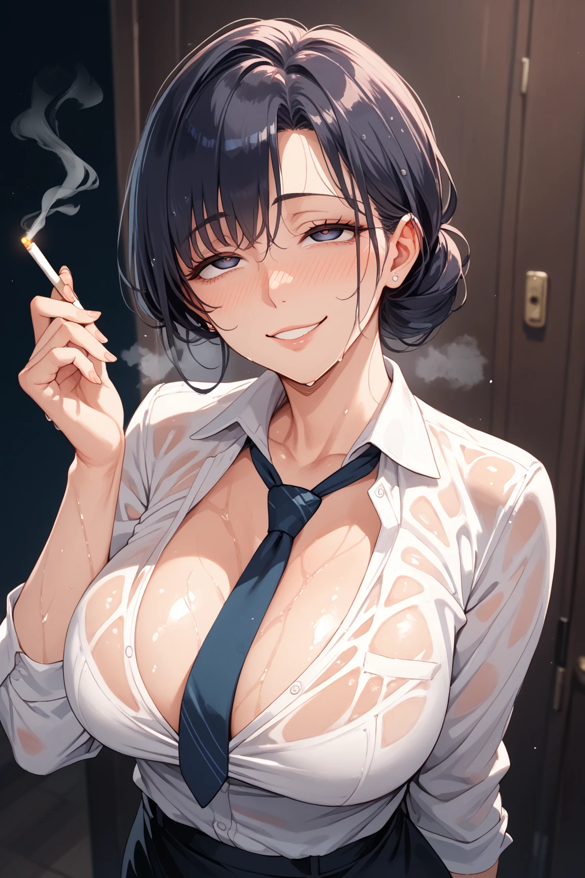 (mature woman), blush, very horny, skin fair, shirt with open button, (neckline that shows the bra), Himeno de Chainsaw Man, (Long pencil skirt), wearing an eye patch, beautiful face, 가슴, sensuous, highest quallity,standing pose, (fund: In front of a motel bed)