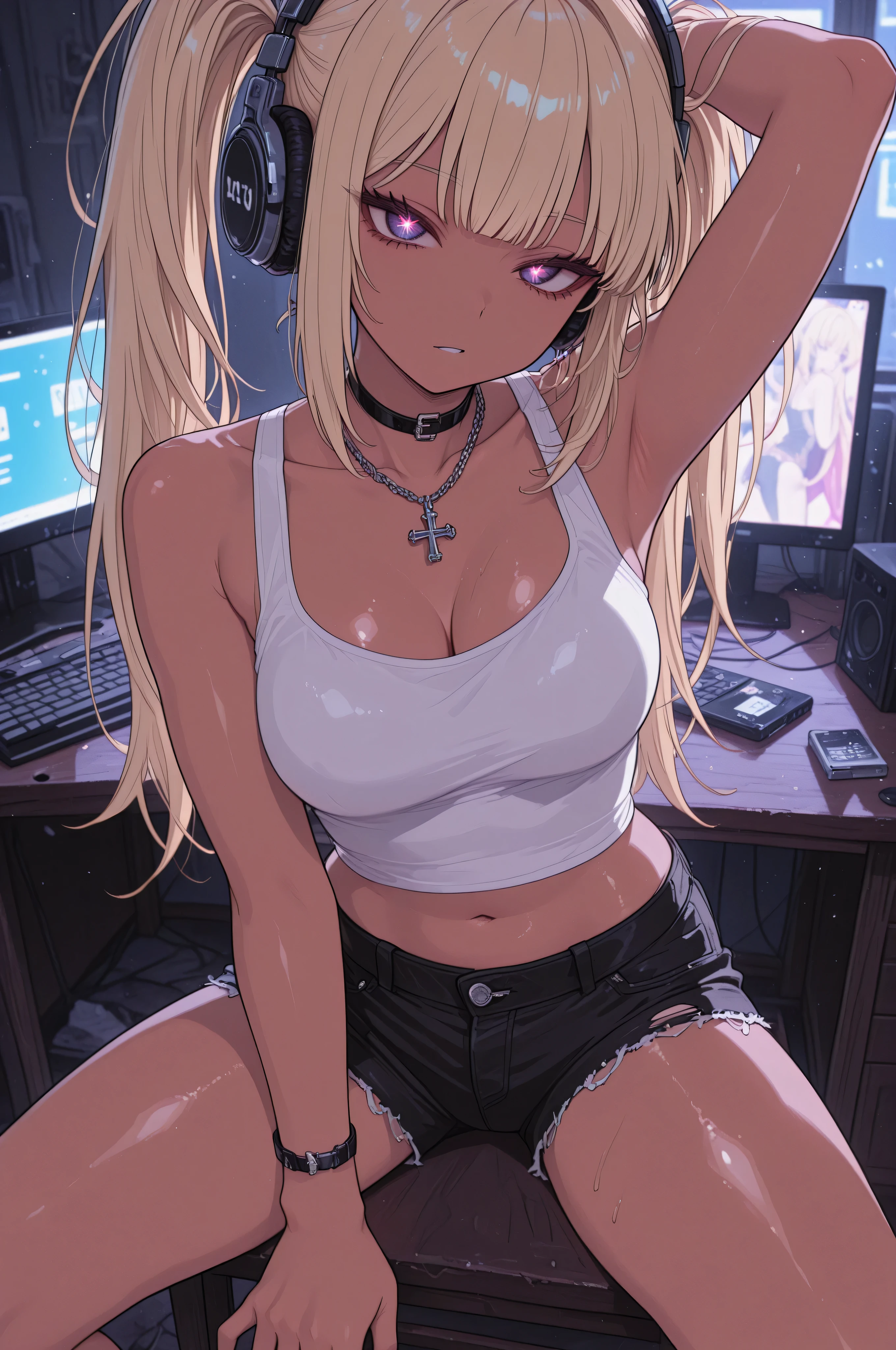 high resolution , 非常にhigh resolution , very bright,Light、anime coloring 、,Blonde ,Gal、slanted eyes,shiny skin、 beautiful long haired 、cool、tall girl、Dark skin、Big Computer、headphones on the neck、summer,punk style、tank top、sexy、small necklace、Dynamic Poses、
