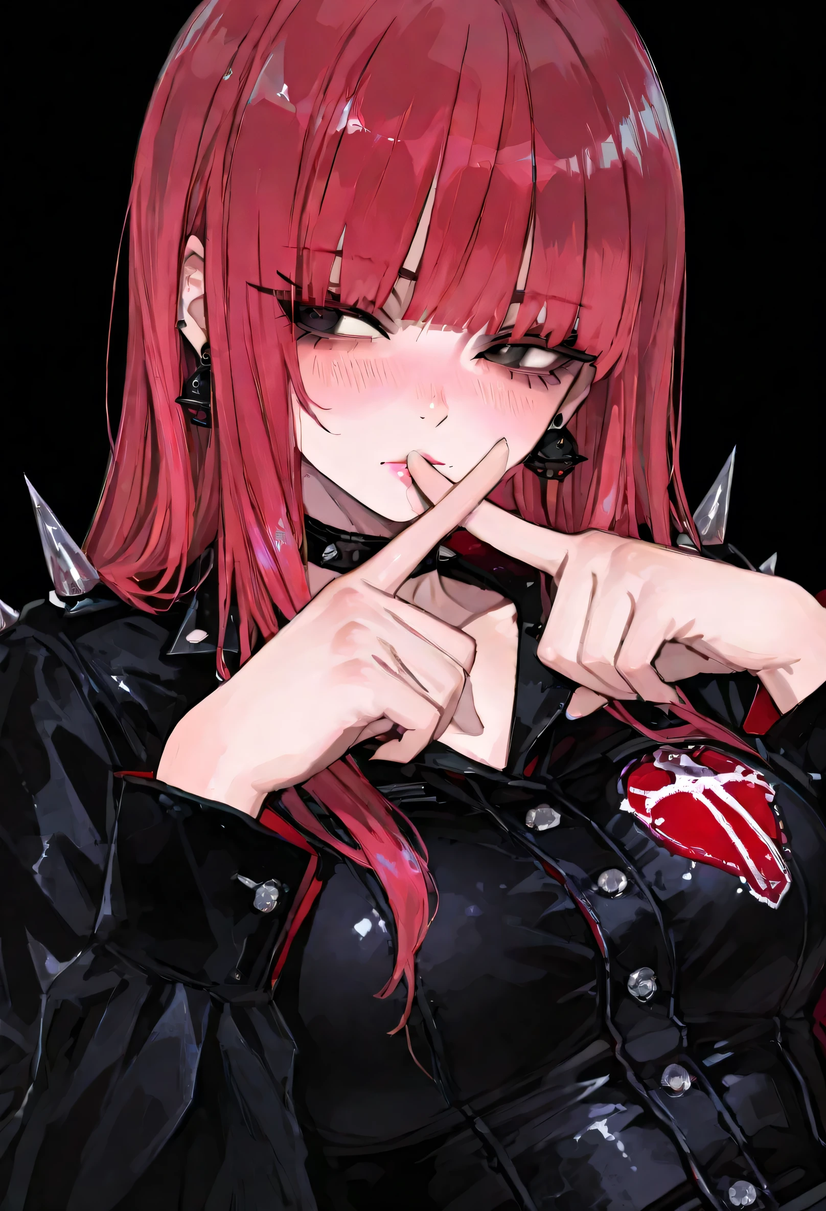 1 girl, (long ruby hair), (total black eyes), Beauty, piercing, female, {sharp eyelashes}, black eyelashes, big, mid large breast, earrings, slightly shiny lips, (blunt bangs), hime cut, punk dress with spikes and red ribows, black background, blushing, looking to the view, choker on the neck, X finger pose