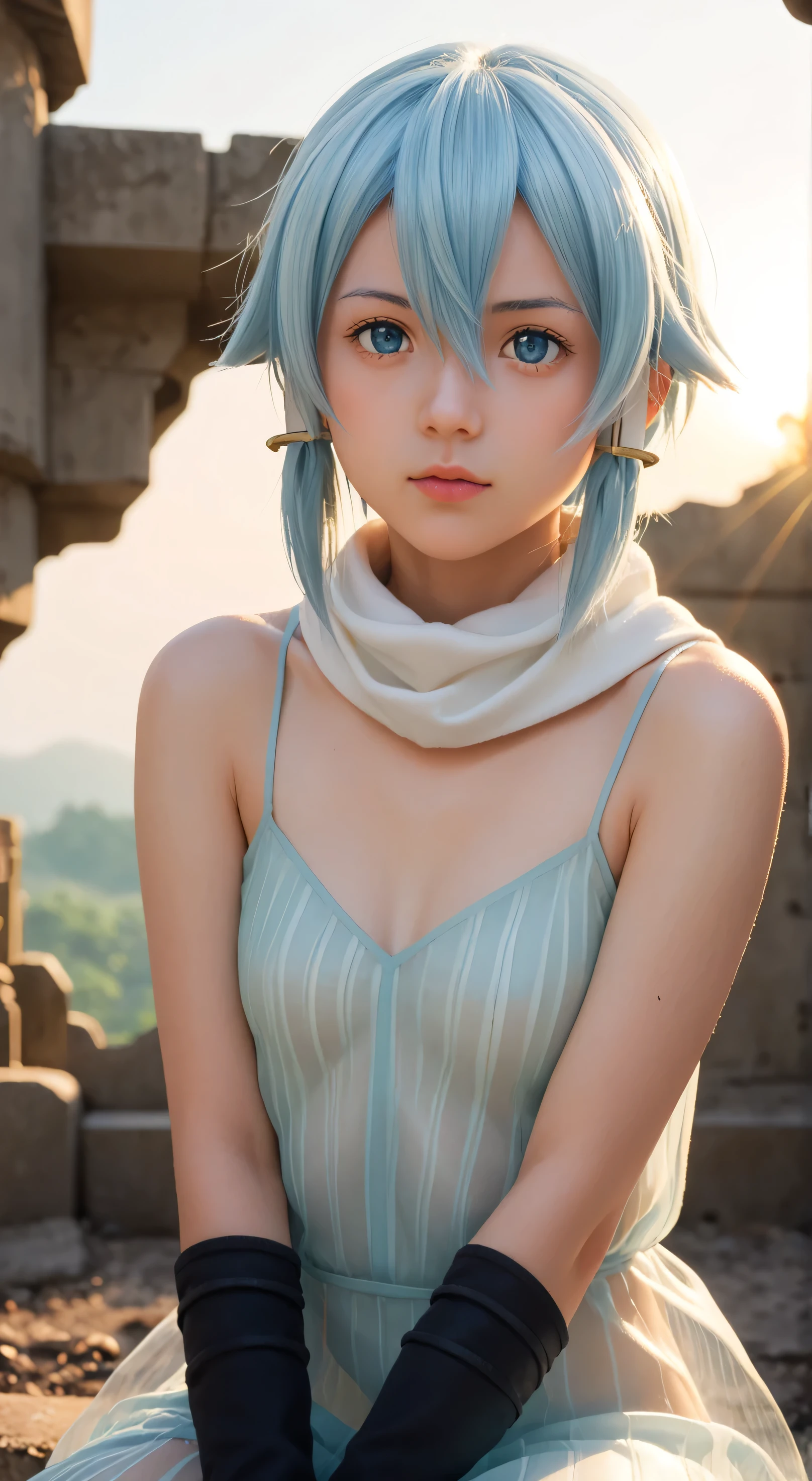 1girl, solo,asada shino,blue eyes,blue hair,hair between eyes, short,outdoors,potrait,small breast,nature,sitting under ruins,sidelocks,(sunset lighting:1.5),red sunset,looking at viewer, front view,close up,white scarf, arm warmers,black glove,(battlefield background:1.5),(transparent dress:1.5), see trough