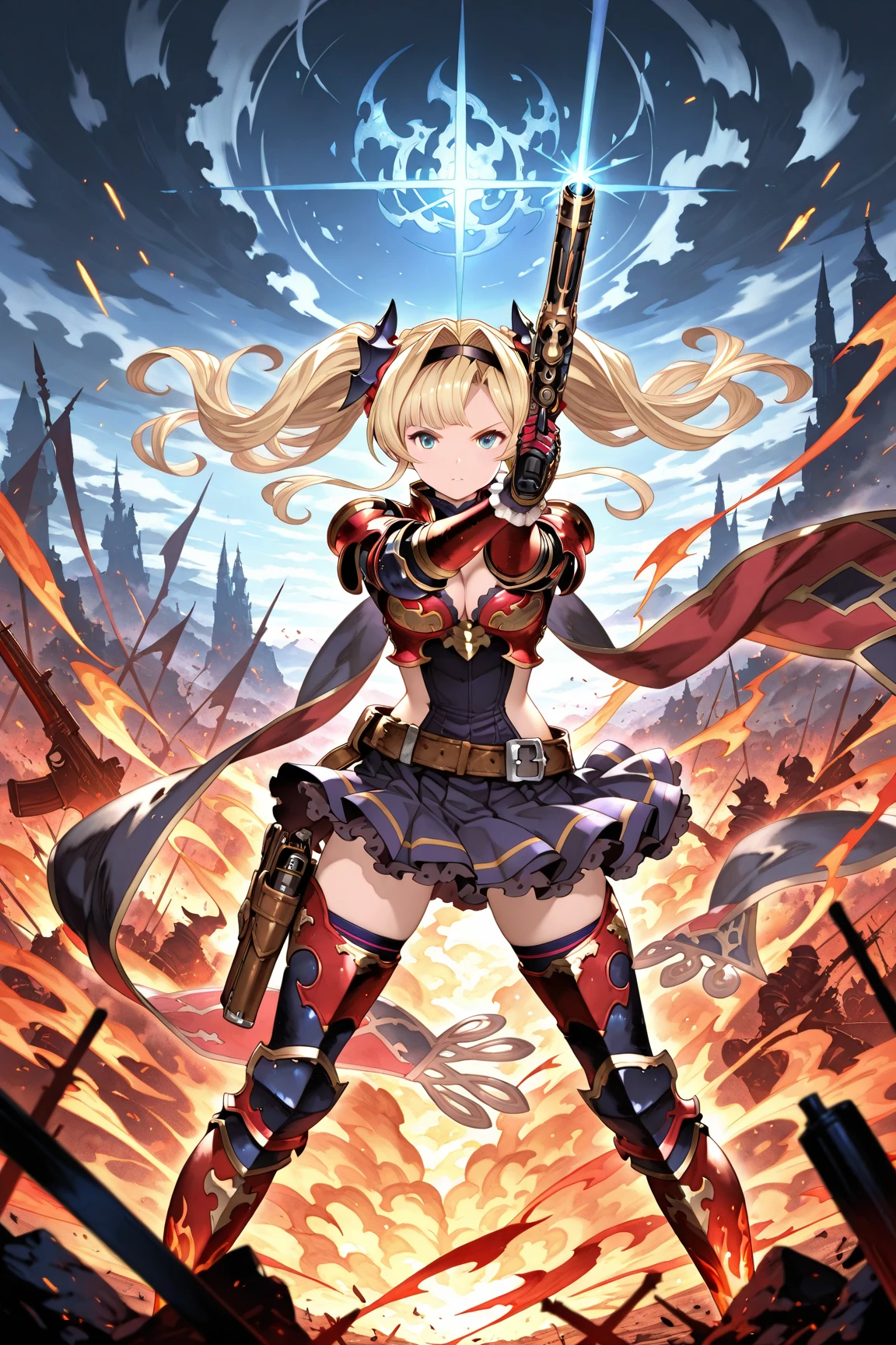 zetadef, braid, hair intakes, twintails, hairband, red armor, shoulder armor, skirt, thighhighs, gauntlets, belt, midriff, cleavage
naughty smile, open mouth,
,{{{stick out butt:2.0}}},learning forward,looking back over the shoulder,i can see panty
,look down at viewer, learning forward, looking down at viewer, (from below:1.2),{{{lower body shot1.5}}}, View from below, {{{View from the back:1.5}}}, very low - angle,
(Best Quality,masutepiece:1.3),absurderes,high resolution,absurderes, Perfect Skin, Detailed skin texture, ultra-detailliert, 8K, Intricate details, beautifull detailed face,hight resolution,