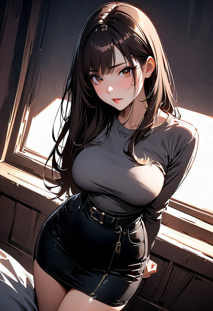 (high quality, 8k, 4K, high contrast, artwork:1.2, high quality, best aesthetics), (dynamic angle), ((1 woman)), erotic, sensual, mature body, super detailed, beautiful face detailed, beautiful eyes detailed, detailed beautiful mouth, sexy body, perfect breats, perfect wide thighs, dark brown hair, long dark brown hair straight and combed, short bangs, brown eyes, long eyelashes, calm facial expression, simple pink tiara in the hair, simple gray sweater, skirt Short black skirt, standing, erect posture, looking at viewer, centered, bedroom.