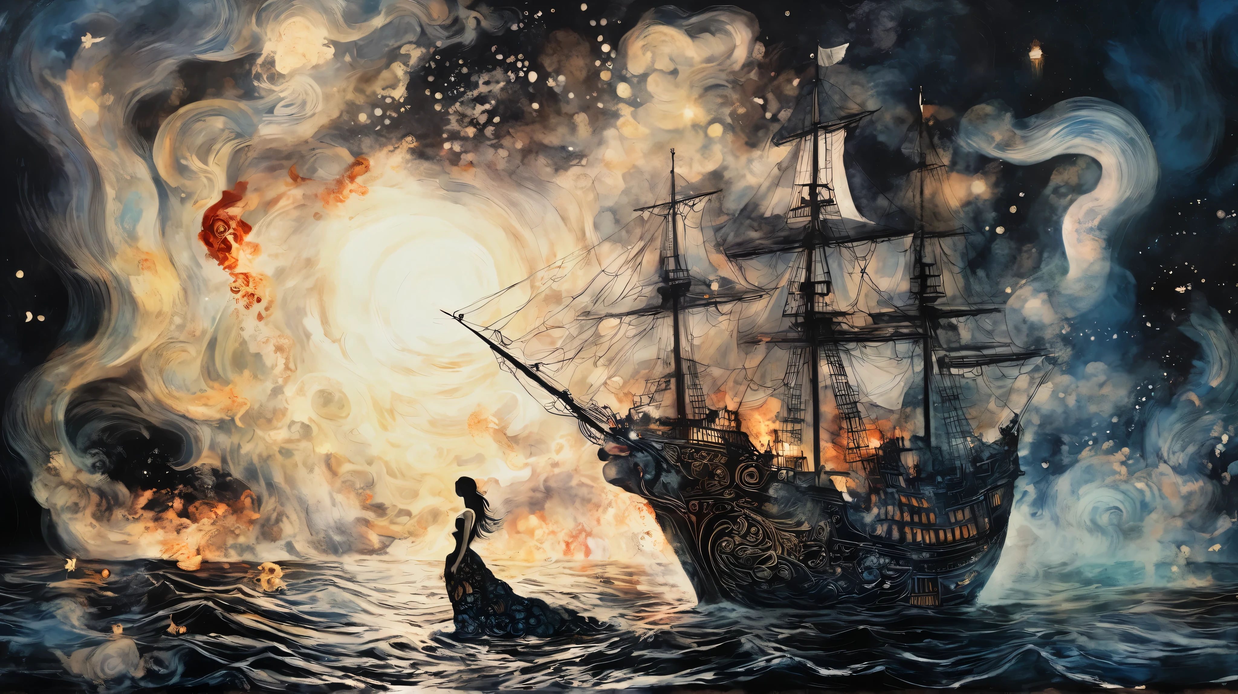 mermaid, sea, pirate ship, fire, smoke, skulls, surreal fantasy, Starlit, dreamy mood, fine brushstrokes, Mahiro Maeda´s whimsical painting depicting, dramatic light, high contrast with patterns.
