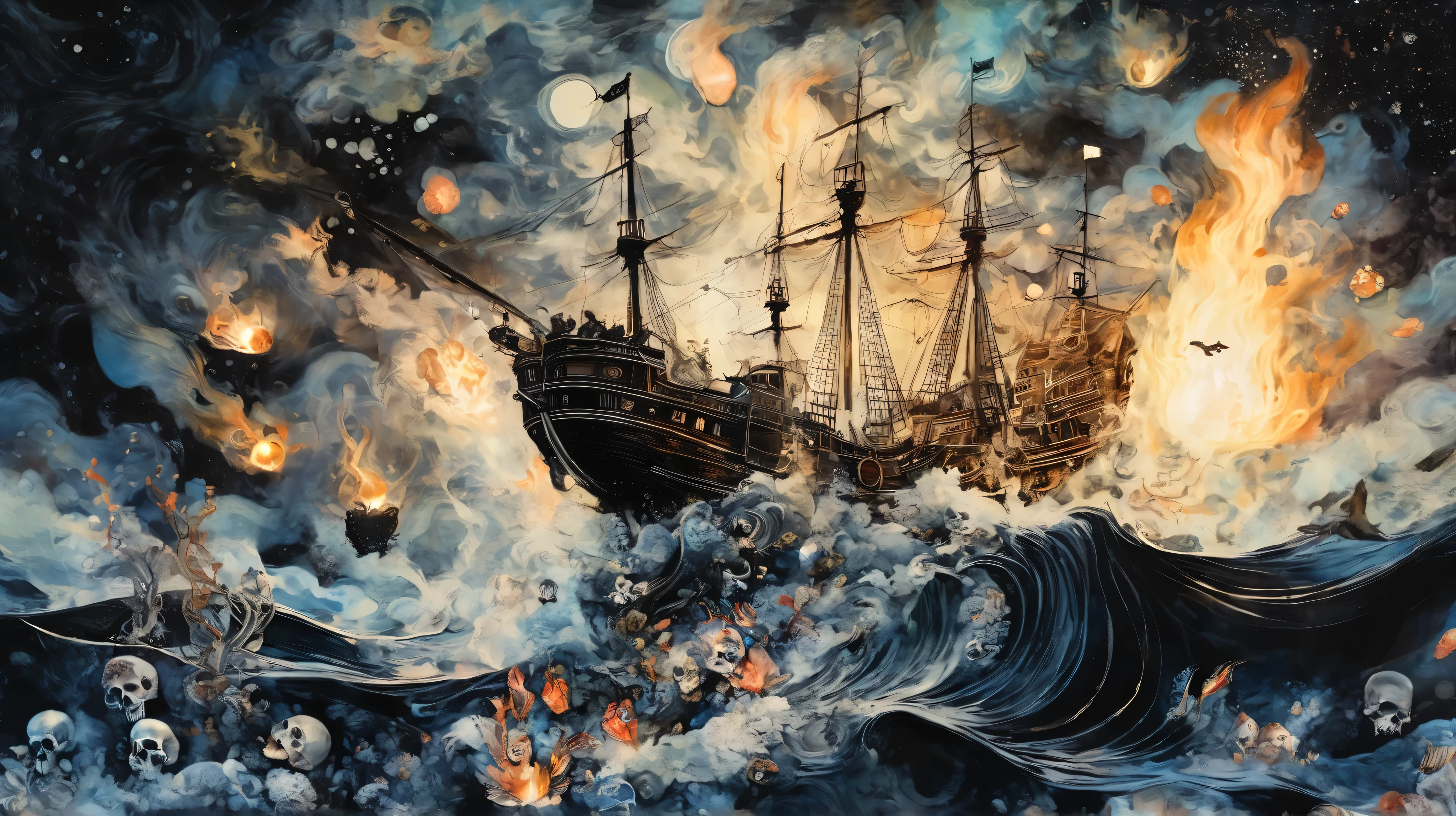 mermaid, sea, pirate ship, fire, smoke, skulls, surreal fantasy, Starlit, dreamy mood, fine brushstrokes, Mahiro Maeda´s whimsical painting depicting, dramatic light, high contrast with patterns.