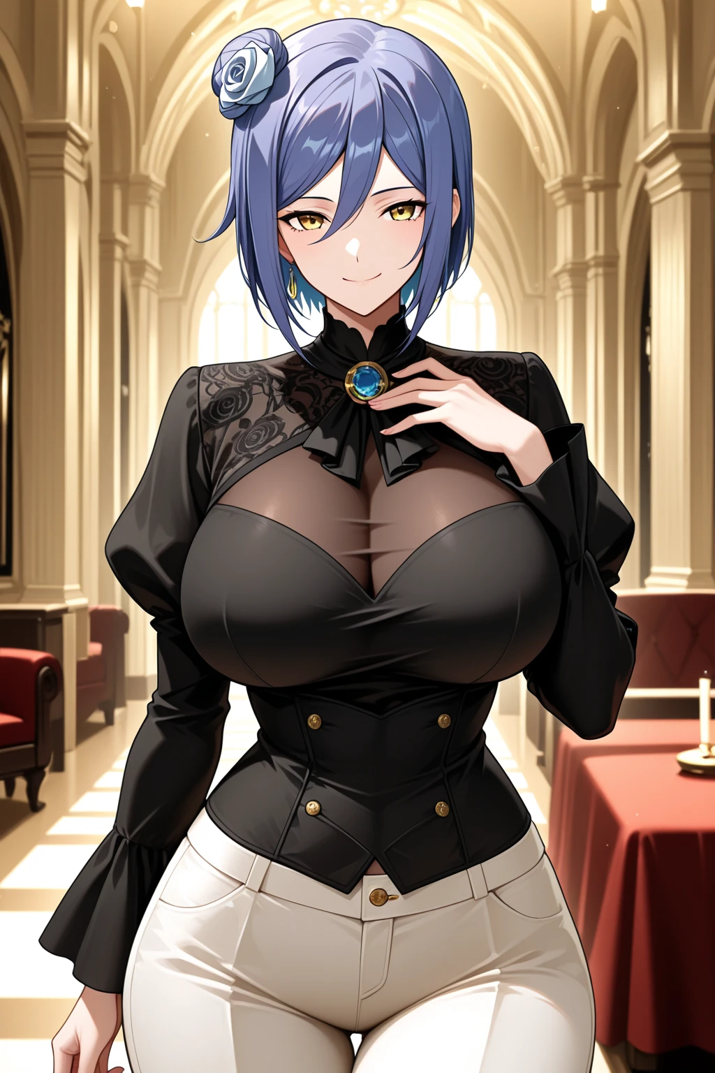 masterpiece, best quality, cbelle, red eyes, headdress, detached collar, dress, pantyhose, detached sleeves, large breasts, sitting, table, chair, wine, furrowed brow, smirk, fangs <lora:chessbelle-nvwls-v1-000009:0.9>