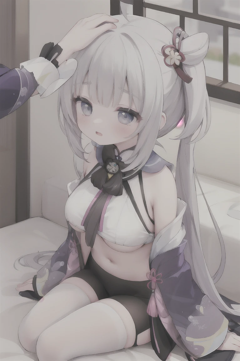 (((masterpiece: 1.5, best quality, high resolution: 1.3, super resolution, super detailed, ultra detailed:1.3, rich background:1.2))), shiina mahiru, yellow eyes hair ribbon, floating hair, very long hair, blunt bangs, cute hairpin, chocker, lingerie, bra, navel, panties, looking at viewer, light particles, collarbone, strap slip, closed mouth, indoors, jewelry, sleeveless, bedroom, sitting on bed, claw pose, paw pose, head tilt, cat ears headband, cleavage, medium breast, white lingerie, white pantyhose, holding metal rod around neck,
wearing leather mittens, plug gag, drooling