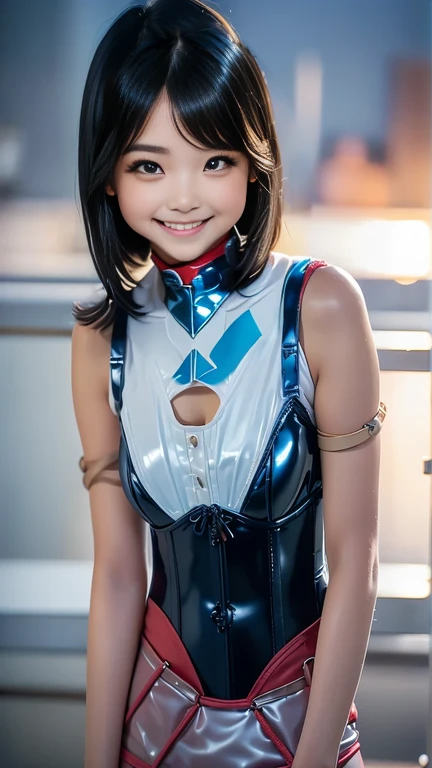 Grid girl . The character is wearing a grid girl costume. The costume is a shiny costume based on blue and white, and the top is short. The sleeves are patterned in blue and white, and the bottoms are tight shorts. They are wearing silver high-heeled boots underfoot. She has an energetic and confident smile on her face. Circuit pits and racing cars line up in the background.