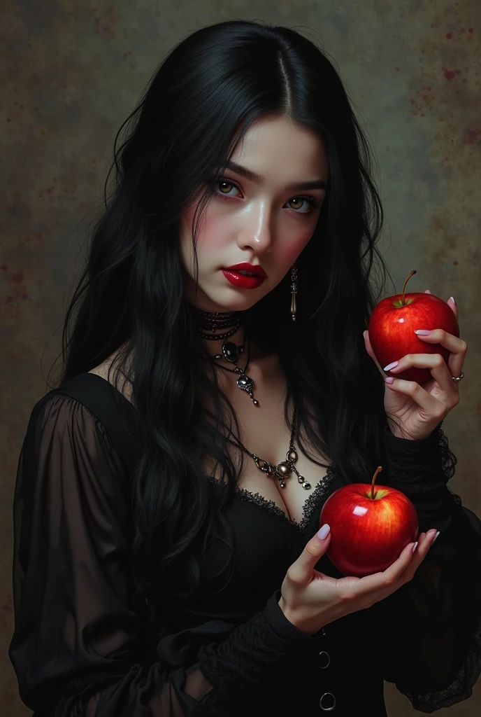 a woman with extremely long black hair that goes to the floor with medium breasts with red eyes looking at an apple while having two short horns folded and the black dress