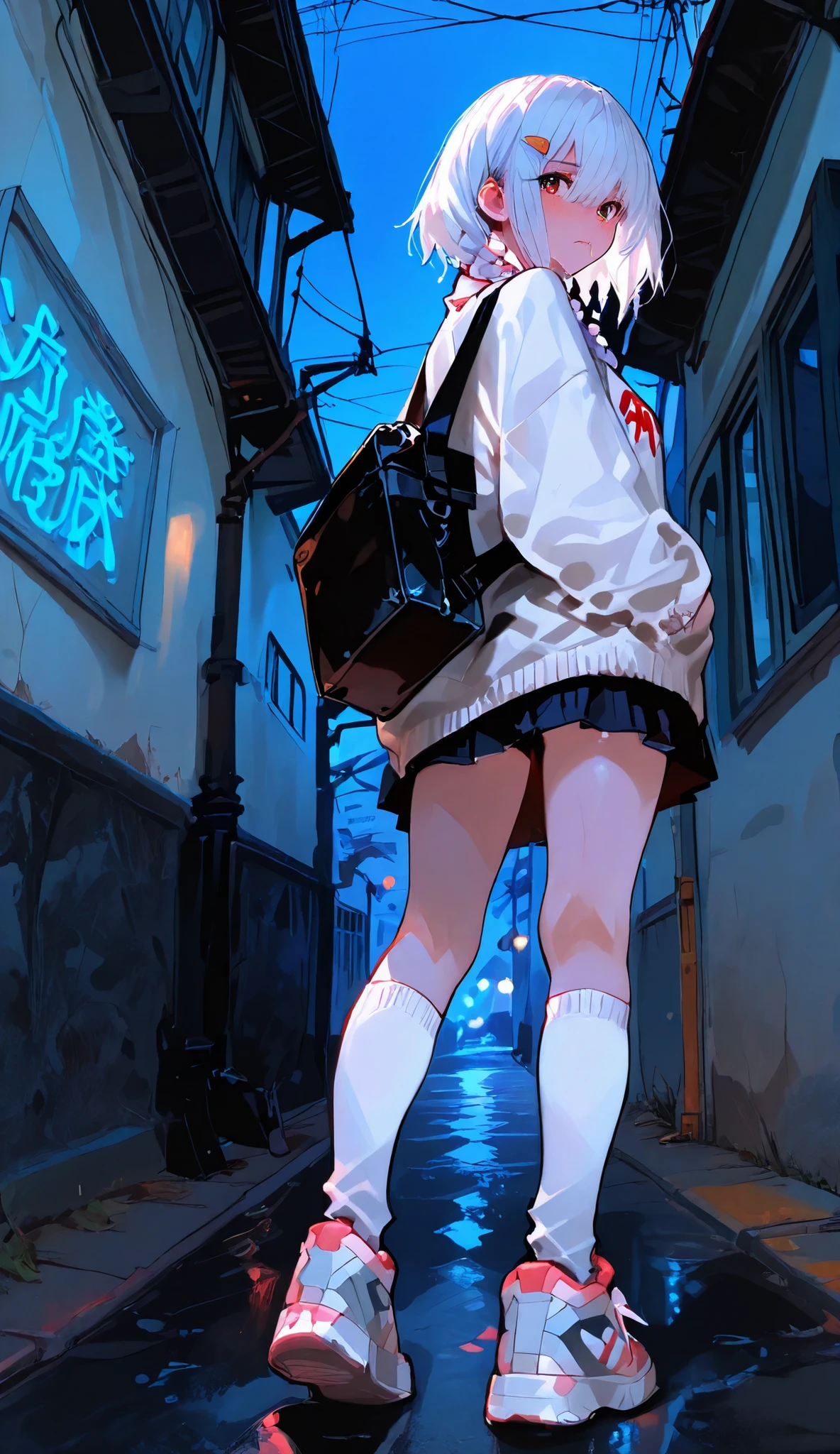 masterpiece, best quality, very aesthetic, absurdres, newest, stylized, depth of field, HDR, high contrast, amazing quality, sharp focus, 8k resolution, digital art, anime style, vibrant colors, detailed, scenery, photo background, full body, dramatic lighting, night-time, gritty ground effect, wet, 1girl, solo, asian girl, beautiful detailed eyes, regular eyes, white hair with medium braids that dangle, bangs, hair between eyes, pinkorange hairclips and ornaments, looking back, looking slightly away from viewer, pastel glow from body, (expression:1.3), (facial features:1.3), (body type:1.3), (pose:1.3), wearing pastel long t-shirt to her thighs, white sweater around waist, long socks of different collors, cute sneakers, (detailed clothing:1.2),(accessories:1.1) (glowing:1.2), standing near red graffith wall, bag, school bag, urban alleyway, low-angle shot, positioned slightly left of center, (detailed skin texture:1.2), (detailed hair:1.2), (detailed accessories:1.2)
artistic lighting, (HDR, high contrast), dark shadows, depth of field, bokeh, full body
