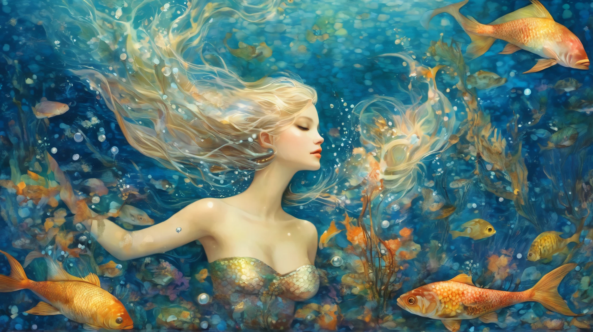 mermaid, sea, fishs, treasure,l fantasy, Starlit, dreamy mood, fine brushstrokes, Mahiro Maeda´s whimsical painting depicting, dramatic light, high contrast with patterns.