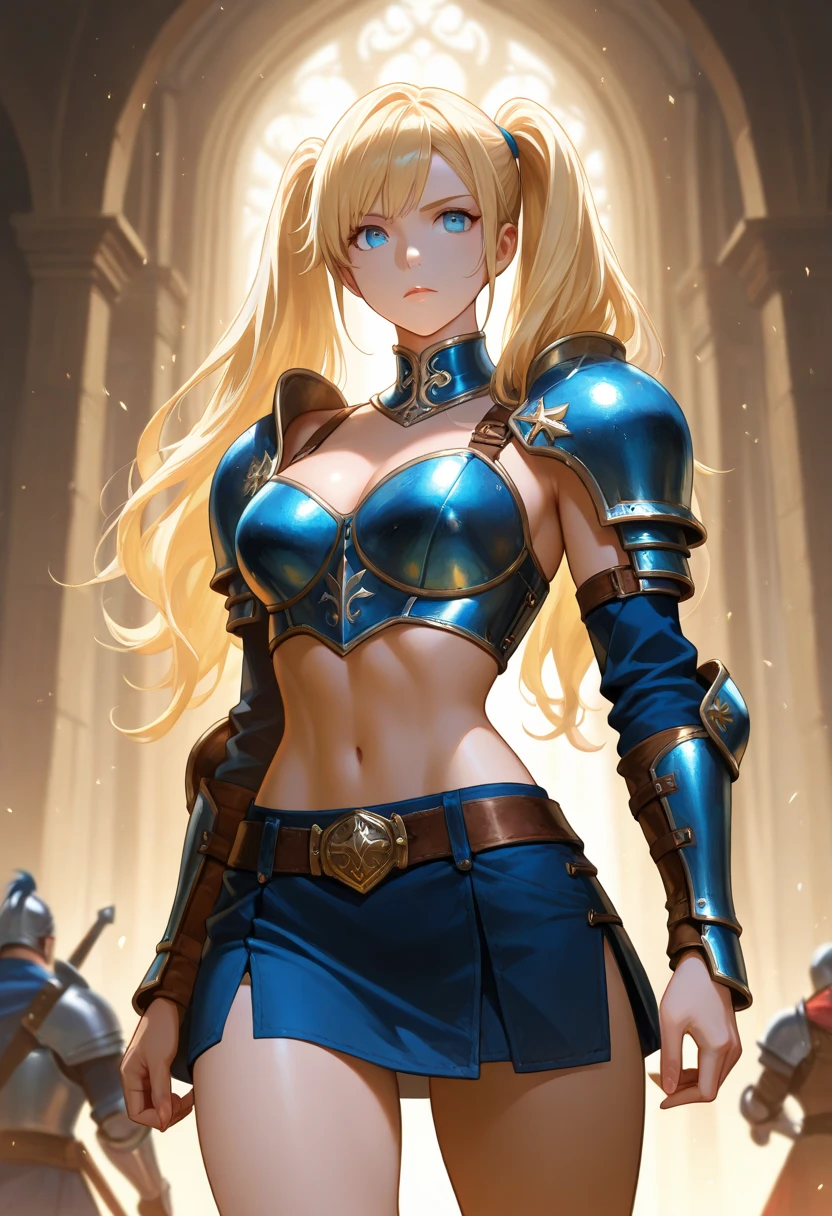1girl, beautiful, perfect lighting, muscular, thighs, large breasts, mature female, milf, navel, abs, looking at viewer (masterpiece, high quality:1.1), blonde hair,horse ears,paladin,armor,