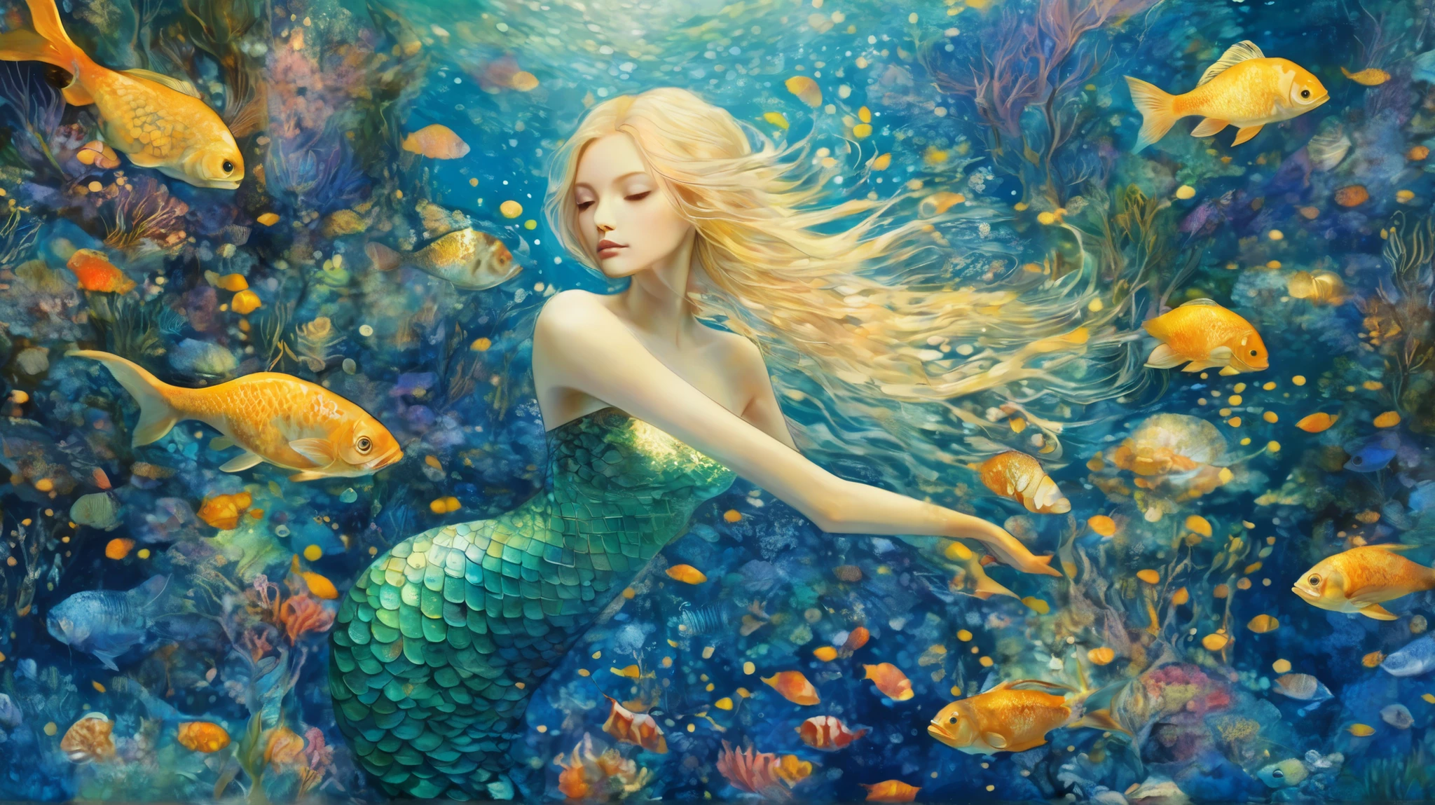 mermaid, sea, fishs, treasure,l fantasy, Starlit, dreamy mood, fine brushstrokes,  Mahiro Maeda´s whimsical painting depicting, dramatic light, high contrast with patterns.