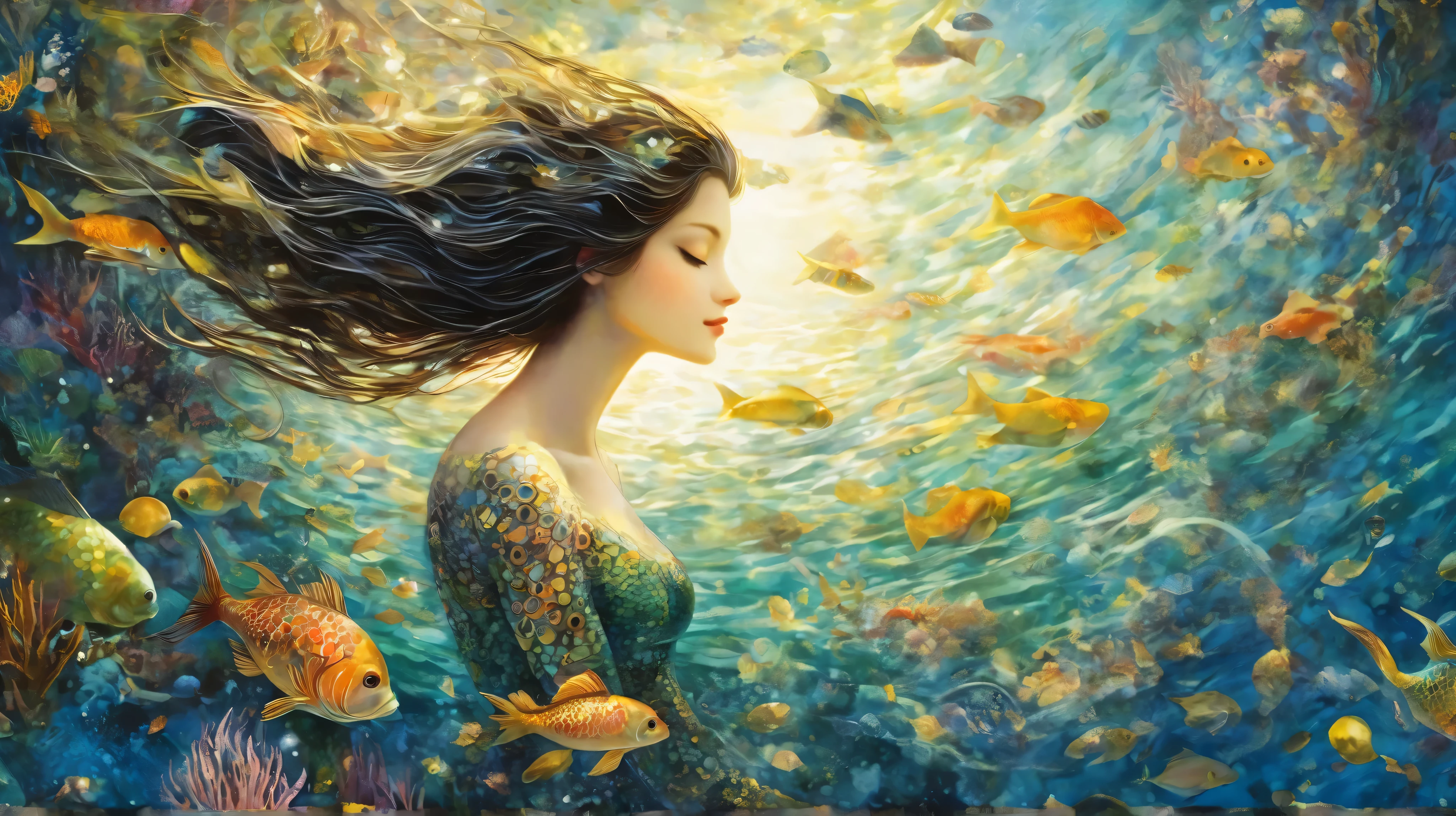mermaid, sea, fishs, treasure,l fantasy, Starlit, dreamy mood, fine brushstrokes, Mahiro Maeda´s whimsical painting depicting, dramatic light, high contrast with patterns.