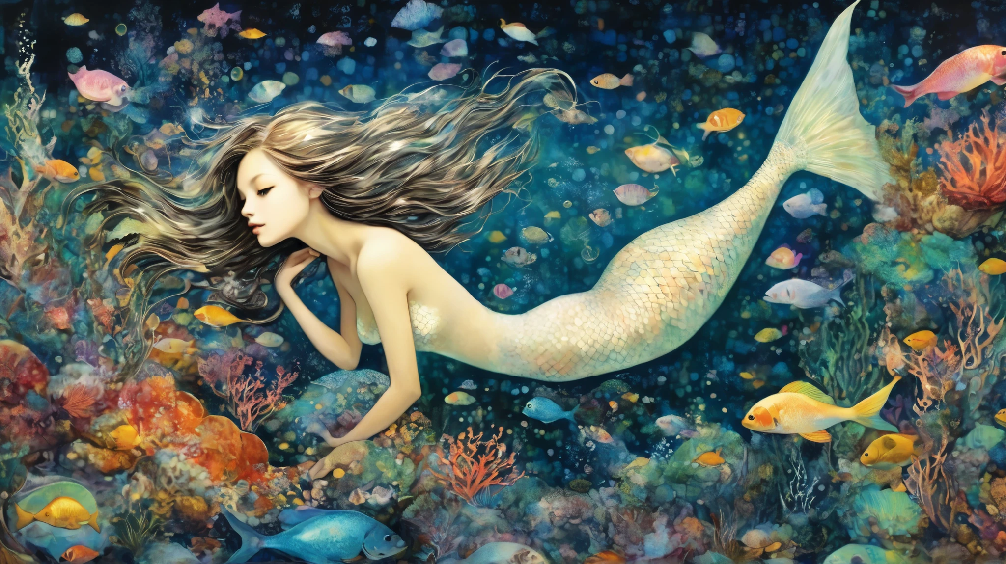 mermaid, sea, fishs, treasure,l fantasy, Starlit, dreamy mood, fine brushstrokes,  Mahiro Maeda´s whimsical painting depicting, dramatic light, high contrast with patterns.