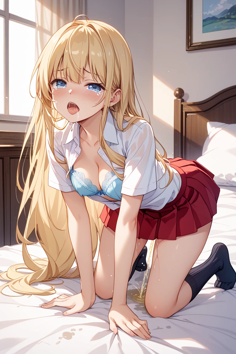 score_9, score_8_up, score_7_up, rating_explicit, masterpiece, best quality,high quality,highres,very aesthetic, absurdres, high detailed,optimal lightning,4k,8k wallpaper, source_anime, uncensored,official art, official style, megami magazine,BREAK,1 girl,serena,large breasts,skirt,long hair,sleeveless,shirt,sleeveless shirt,red skirt,thighhighs,pleated skirt,mini skirt,blonde hair,collared shirt,black thighhighs,sex from behind,all fours,unamused,embarrassed,looking away,,BREAK,1boy,faceless male,BREAK,