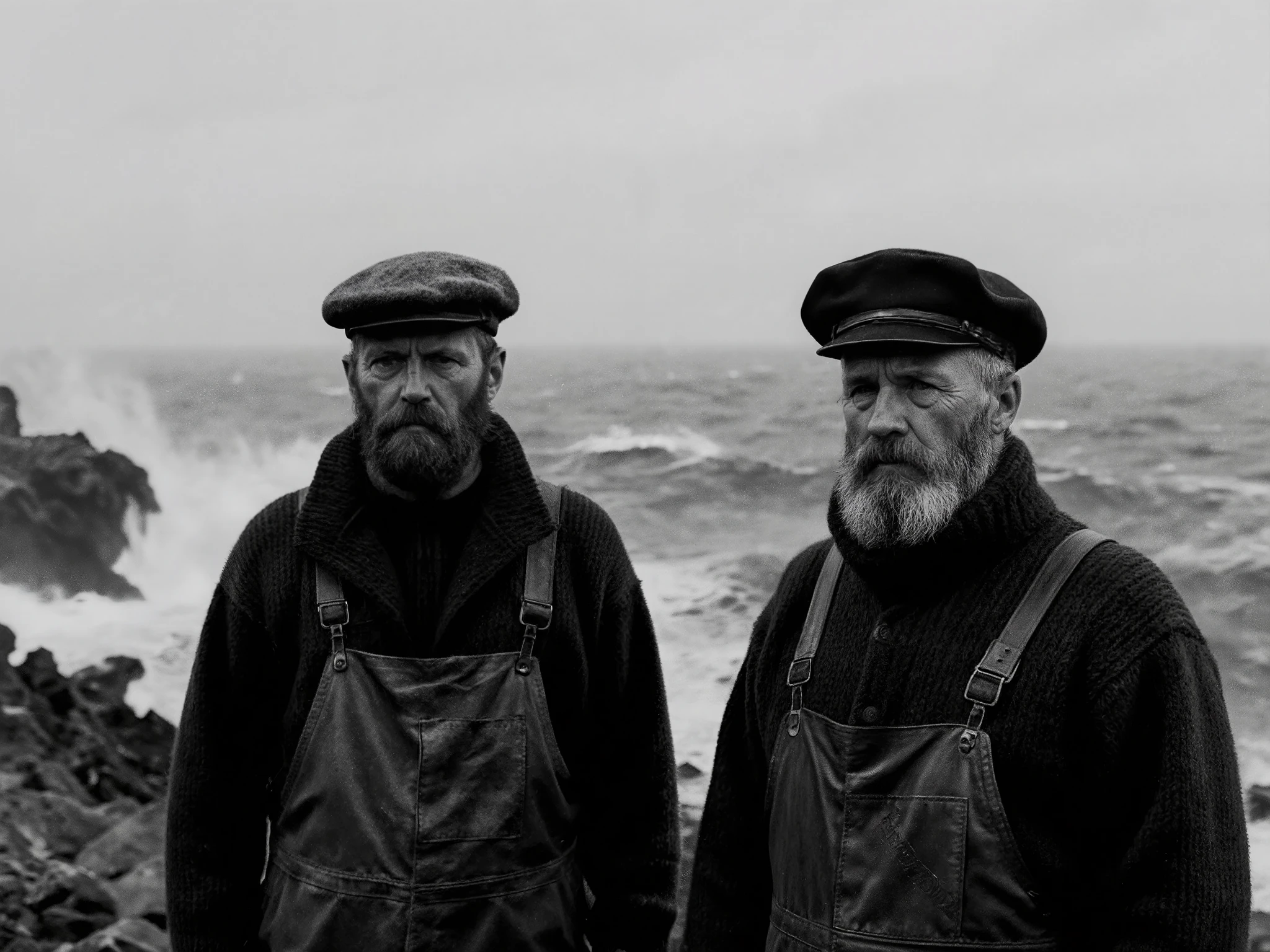 Ultra-realistic cinematic photo of two rugged lighthouse keepers by a stormy rocky coast, wearing heavy wool sweaters, work overalls, and traditional fisherman hats. Their faces are weathered, with beards and strong features, showing resilience against the harsh sea wind. The atmosphere is moody, black-and-white, with dramatic contrast, evoking an old maritime era. Background shows jagged rocks and the distant ocean under a foggy sky. The image captures a raw, timeless moment of hard seafaring life, with textures of wool, leather, and sea mist rendered in striking detail.