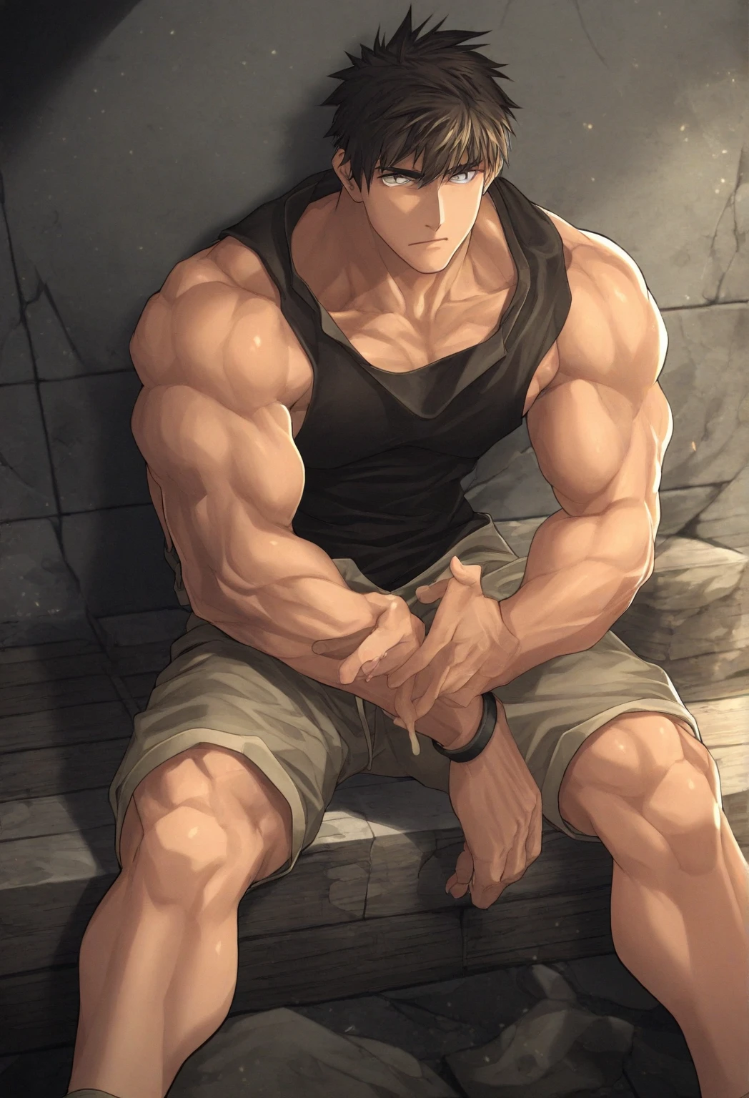 A bruised, sweaty, skinny teenage boy, shirtless in manacles, leg irons and satin shorts, with steam rising from him, wrapped tightly in chains, screams in pain, on a wooden torture rack, surrounded by lightning, in a dungeon