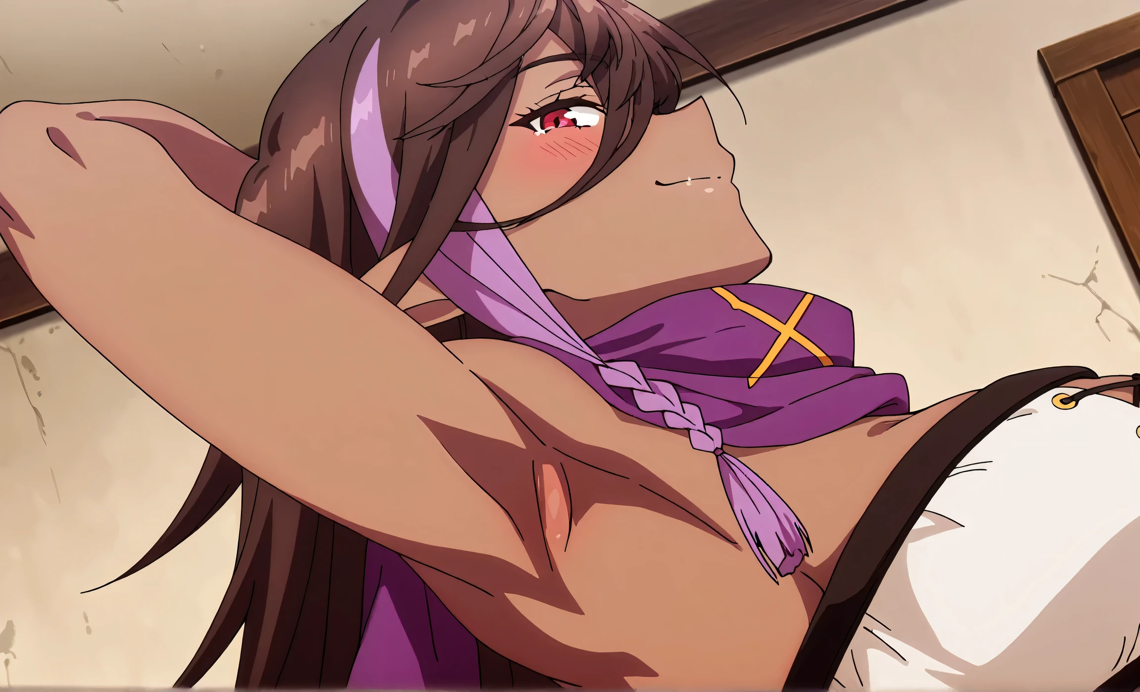 Purple Hair, Long Hair, Ahoge, Red eyes, Pointed Ears, hair band, One girl, Solo Break, Depth of written boundary, Cinematic, Game CG, Anime screenshots, Official Art, masterpiece, Highest quality,Fully nude,With nipples,Pussy in full view in the city,1girl, double handjob, 2boys, penis,While sitting((Sex with a man)) ((cum on body))((ejaculation))