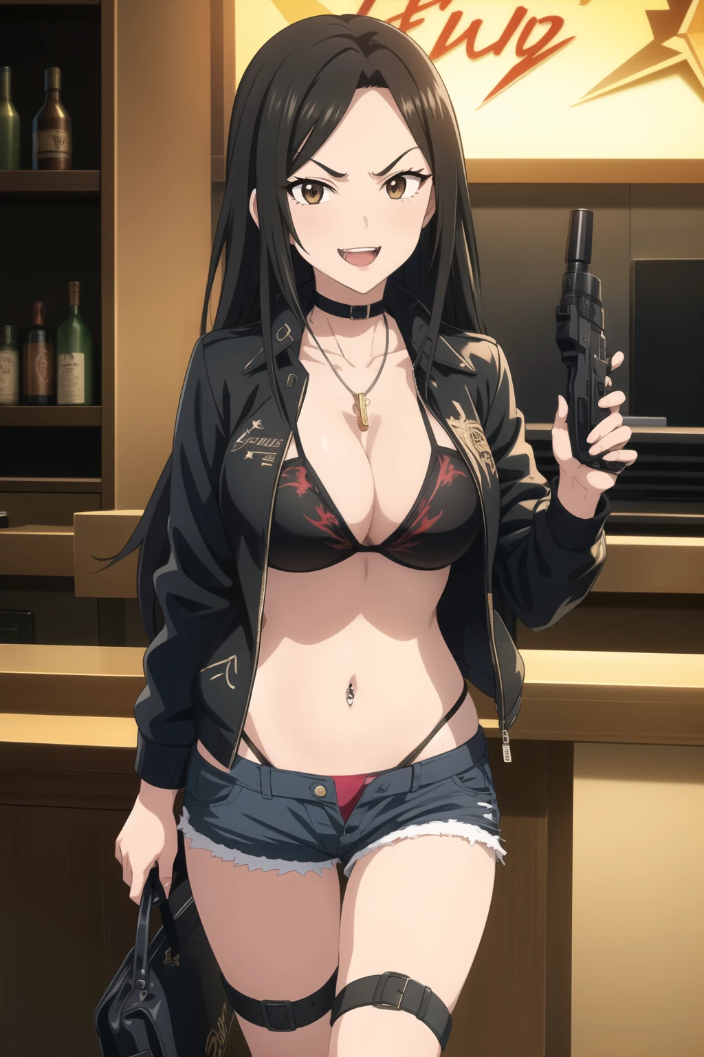 1girl, rin shibuya, large breast,
Hot girl, baddie, staring, glaring, bad attitude, mean girl, dare, angry, hate, crazy, smoking, sensual, attractive, outdoors, rooftop, cityscape, building, railing, night, night sky, scenery, moon, city lights, blush, lipstick, jacket, masterpiece,high quality,4k, bare shoulder,belly,crop top,outdoor,cleavage,jeans,casual dress,street,road,smile, open mouth, (nsfw) not safe for work, holding a gun,handgun, evil expression, exposed belly, exposed navel, exposed midriff, exposed lower belly, crop top overhang, underboob, unbuttoned jeans , low rise black jeans, Low rise jeans, Low rise jeans with open fly
