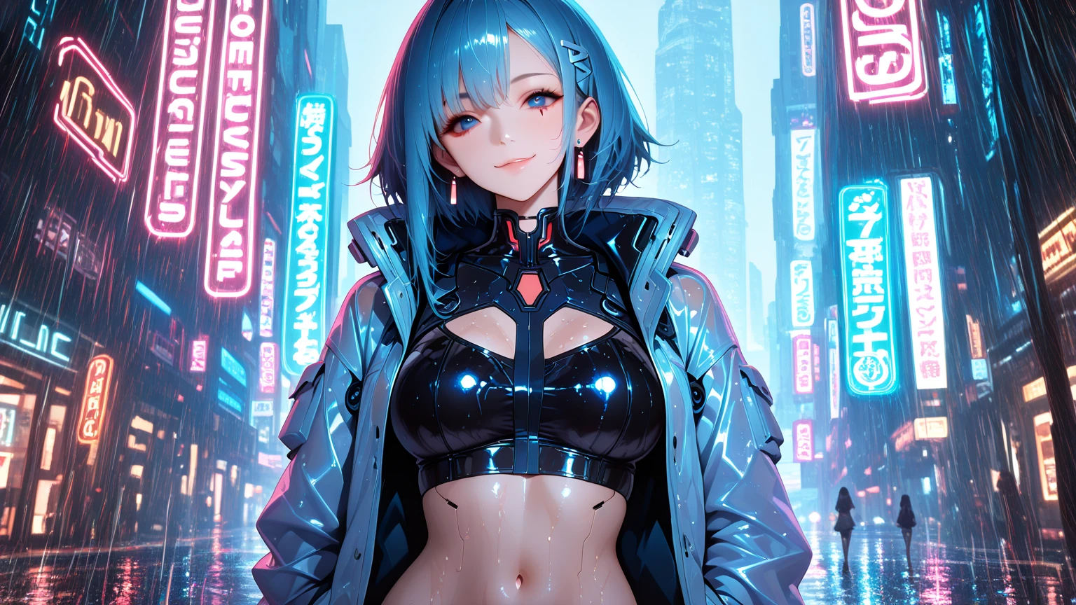 tiny lowleg panties, Cyberpunk, woman, Woman, brightly colored clothing shiny clothing, cyberpunk party with neon light display in background, transparent clothing with underwear visible underneath, not safe for work, transparent clothing over underwear, sexy, large breast, clitoris, clitoris peek, clitoris slip, neon colored hair, hair gelled up, large