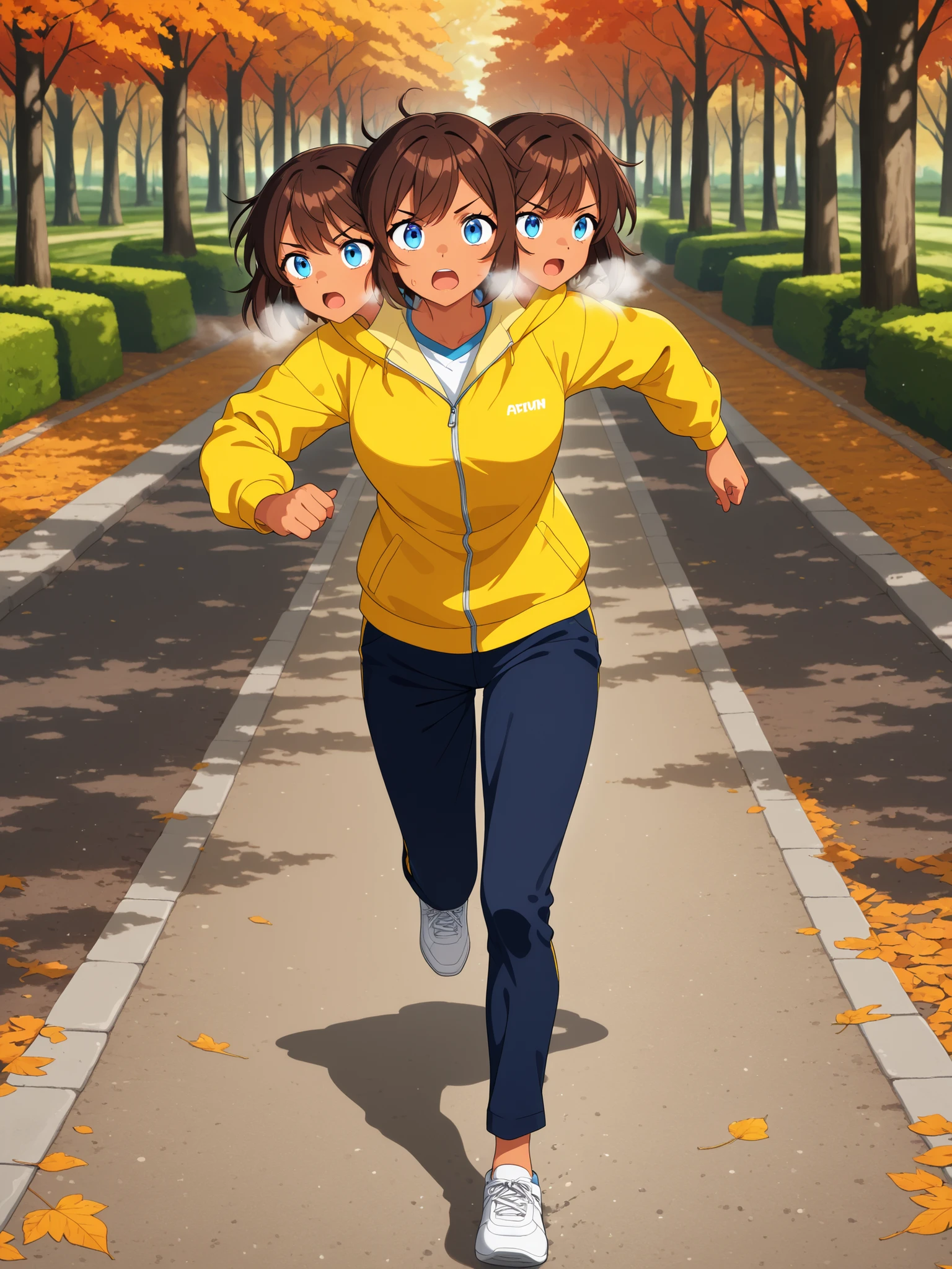 conjoined, anime girl with three heads, brown hair, blue eyes, tanned skin, breathing heavily, open mouth, focused, yellow jacket, dark blue pants, running along a park path, autumn