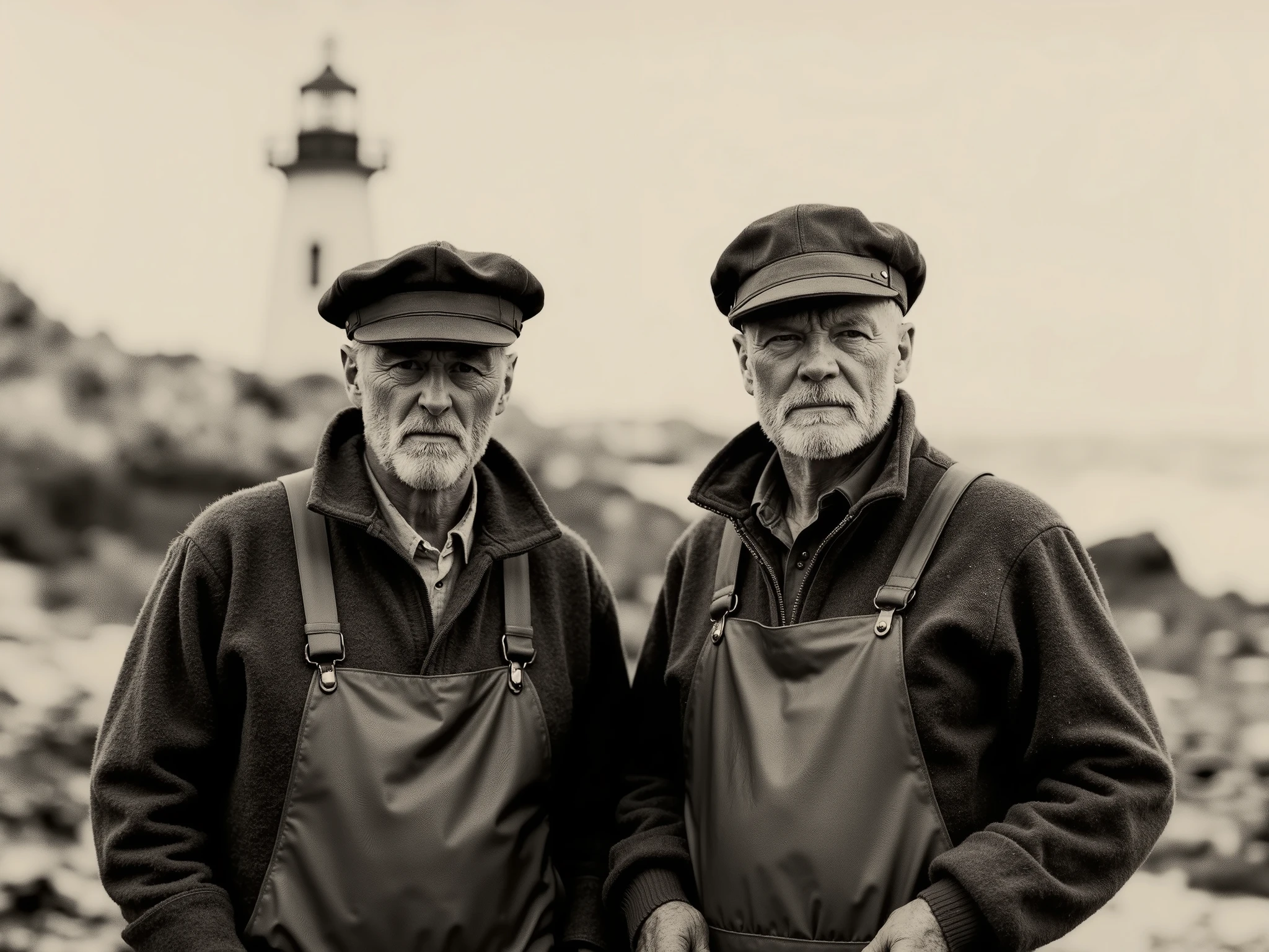 Ultra-realistic cinematic photo of two rugged lighthouse keepers by a rocky seashore, captured in a dramatic sepia palette. They wear heavy wool sweaters, fisherman overalls, and traditional maritime hats, their faces weathered by the harsh sea wind. The scene evokes an aged, historical document, with a timeless maritime atmosphere. The textures of wool, leather, and sea mist are rendered in high detail, while the sepia tones create a vintage, aged photograph effect with dramatic contrast.