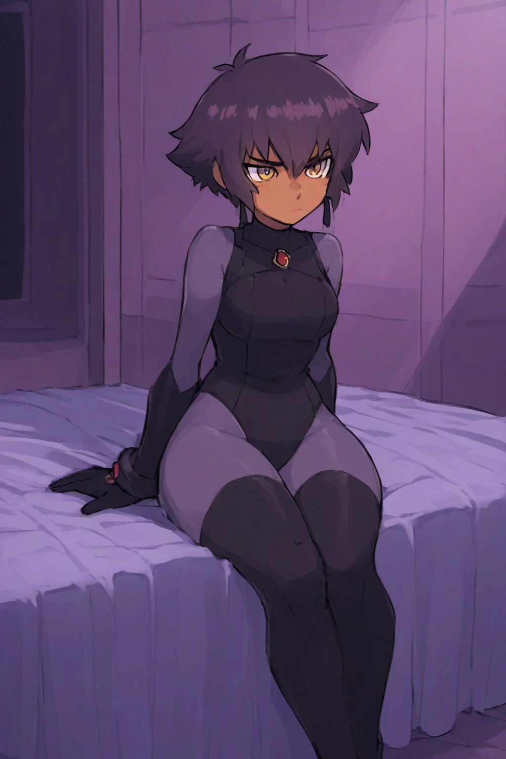 1girl, sofa, sitting, legs crossed,(solo:1.2), (masterpiece:1.2), (best quality:1.2), (perfect ???????:1.4), (muted colors:1.4), (film grain:1.3), (?????????????:1.2), (cowboy shot:1.2), yoruichi shihouin, dark skin, dark-skinned female, ponytail, purple hair, yellow eyes, (black leotard:1.4), thighhighs, scarf, full body, ((Leg Crossing ))