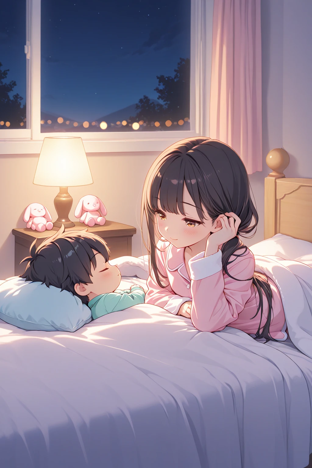 <hypernet:C2-200000-300000:0.55>profile,from top, masterpiece, highres, 1 girl, black bob hair , pink pajamas, sleeping, on bed, huggign a pillow, drooling, window, sunbeam, a cabinet under window, a orange cat crouching on floor